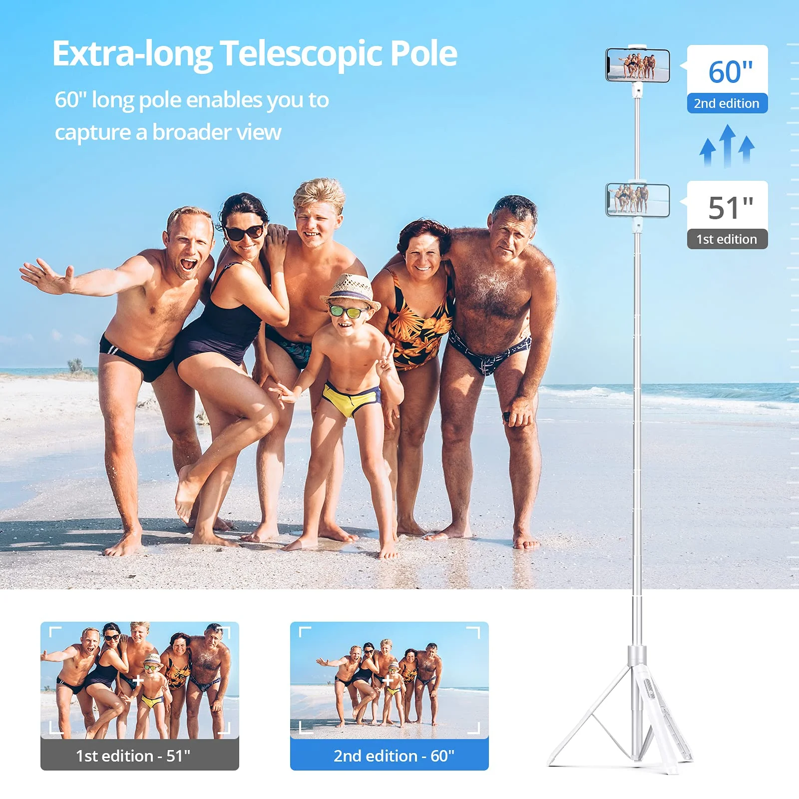 ATUMTEK 60" Selfie Stick Tripod, All in One Extendable Phone Tripod Stand with Bluetooth Remote 360° Rotation for iPhone and Android Phone Selfies, Video Recording, Vlogging, Live Streaming, White 60" - Image 4