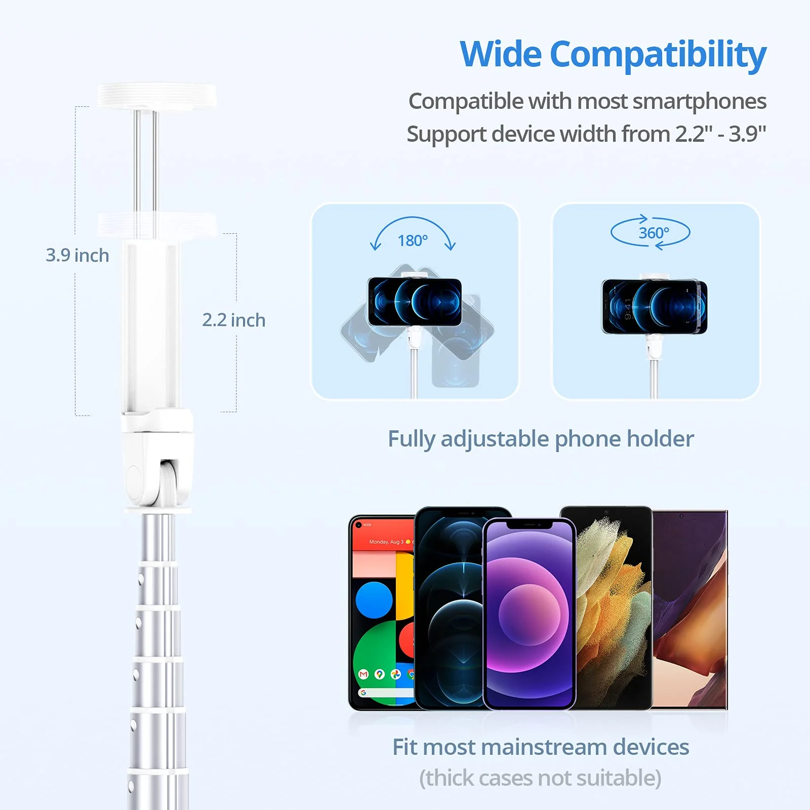 ATUMTEK 60" Selfie Stick Tripod, All in One Extendable Phone Tripod Stand with Bluetooth Remote 360° Rotation for iPhone and Android Phone Selfies, Video Recording, Vlogging, Live Streaming, White 60" - Image 7