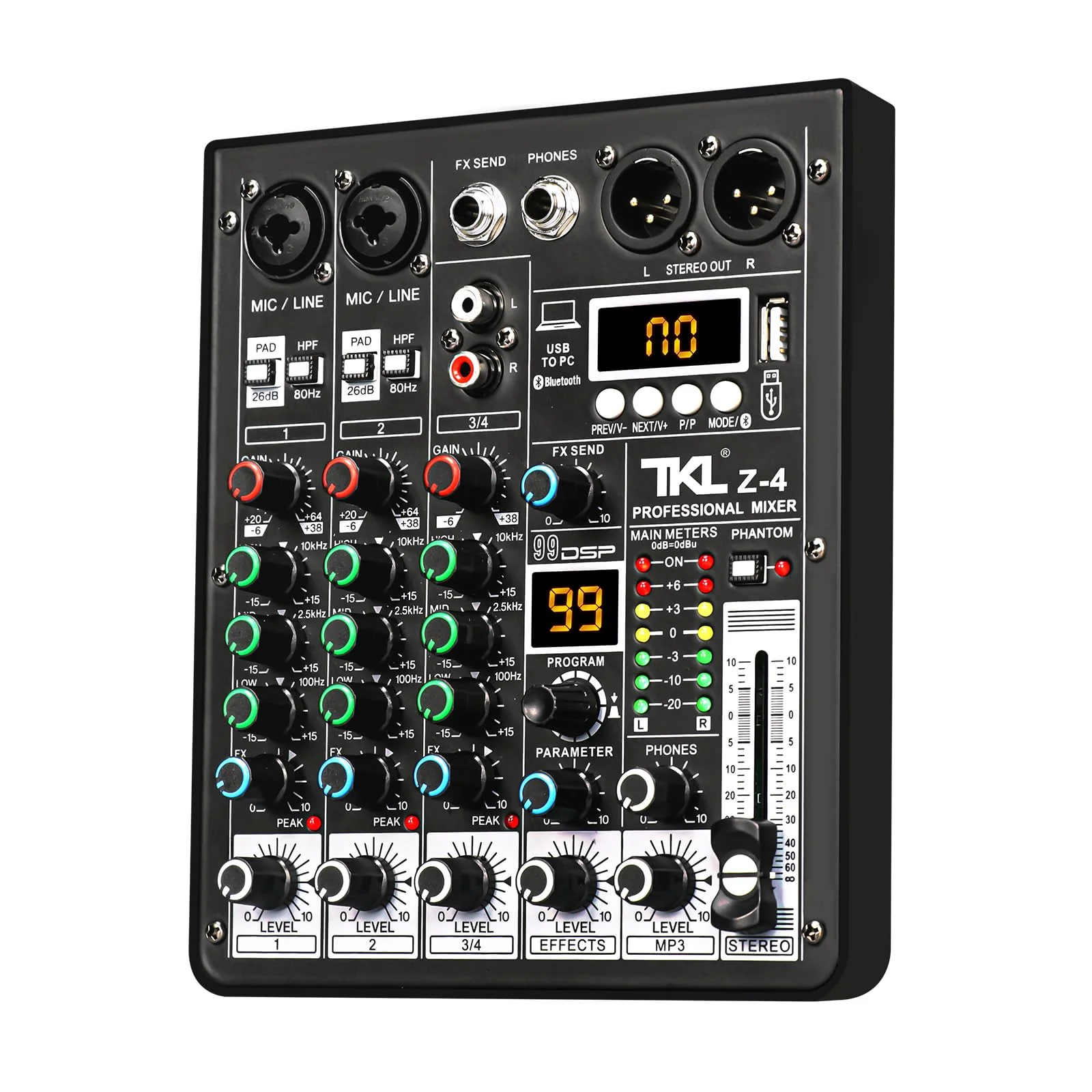 Audio Mixer, TKLBLS Professional DJ Mixer, Sound Sound Board Mixing Console with 4 Channel 99-Bit DSP, Digital MP3 Computer Input, 48V Phantom Power Stereo Recording, Live Stream