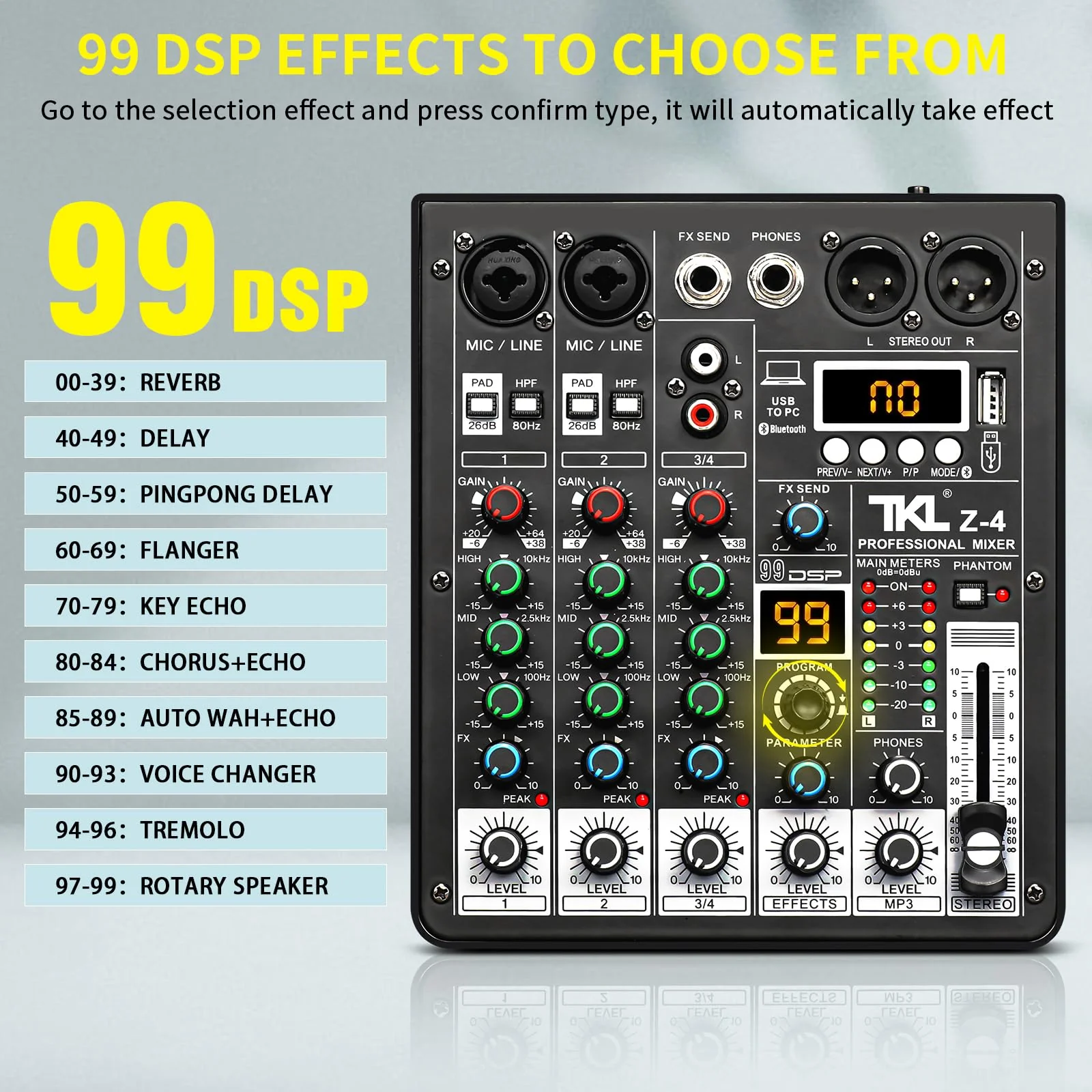 Audio Mixer, TKLBLS Professional DJ Mixer, Sound Sound Board Mixing Console with 4 Channel 99-Bit DSP, Digital MP3 Computer Input, 48V Phantom Power Stereo Recording, Live Stream - Image 3