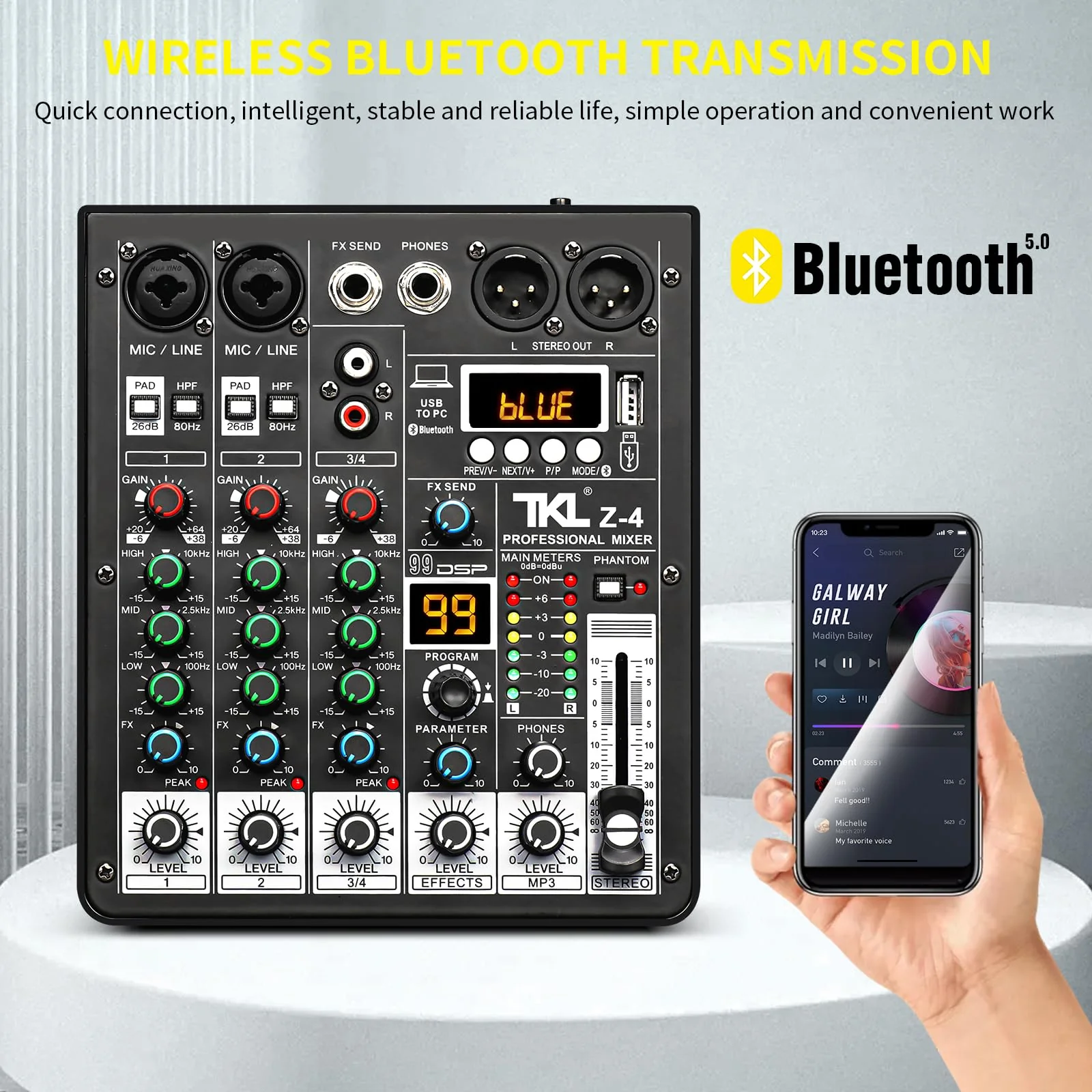 Audio Mixer, TKLBLS Professional DJ Mixer, Sound Sound Board Mixing Console with 4 Channel 99-Bit DSP, Digital MP3 Computer Input, 48V Phantom Power Stereo Recording, Live Stream - Image 4