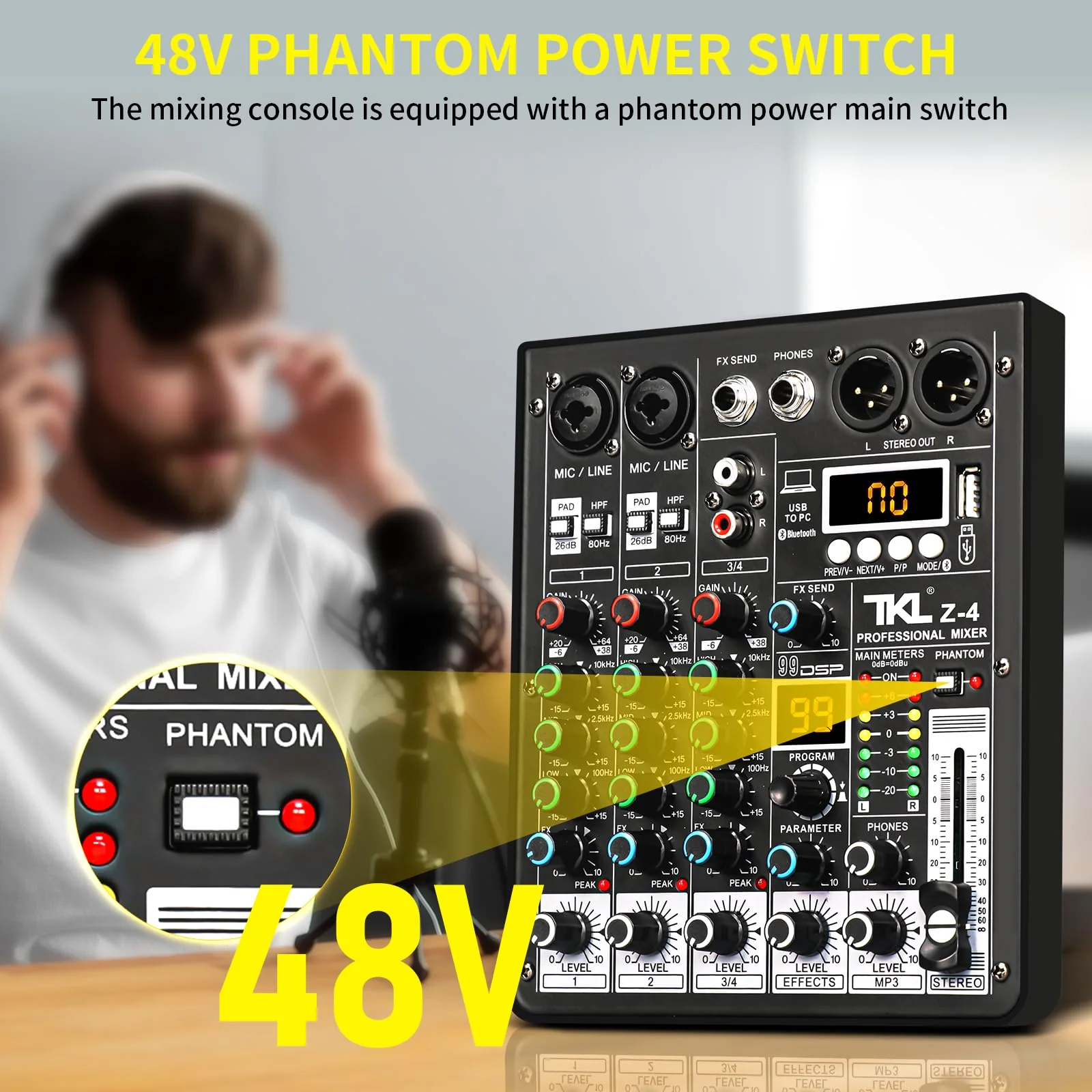 Audio Mixer, TKLBLS Professional DJ Mixer, Sound Sound Board Mixing Console with 4 Channel 99-Bit DSP, Digital MP3 Computer Input, 48V Phantom Power Stereo Recording, Live Stream - Image 5