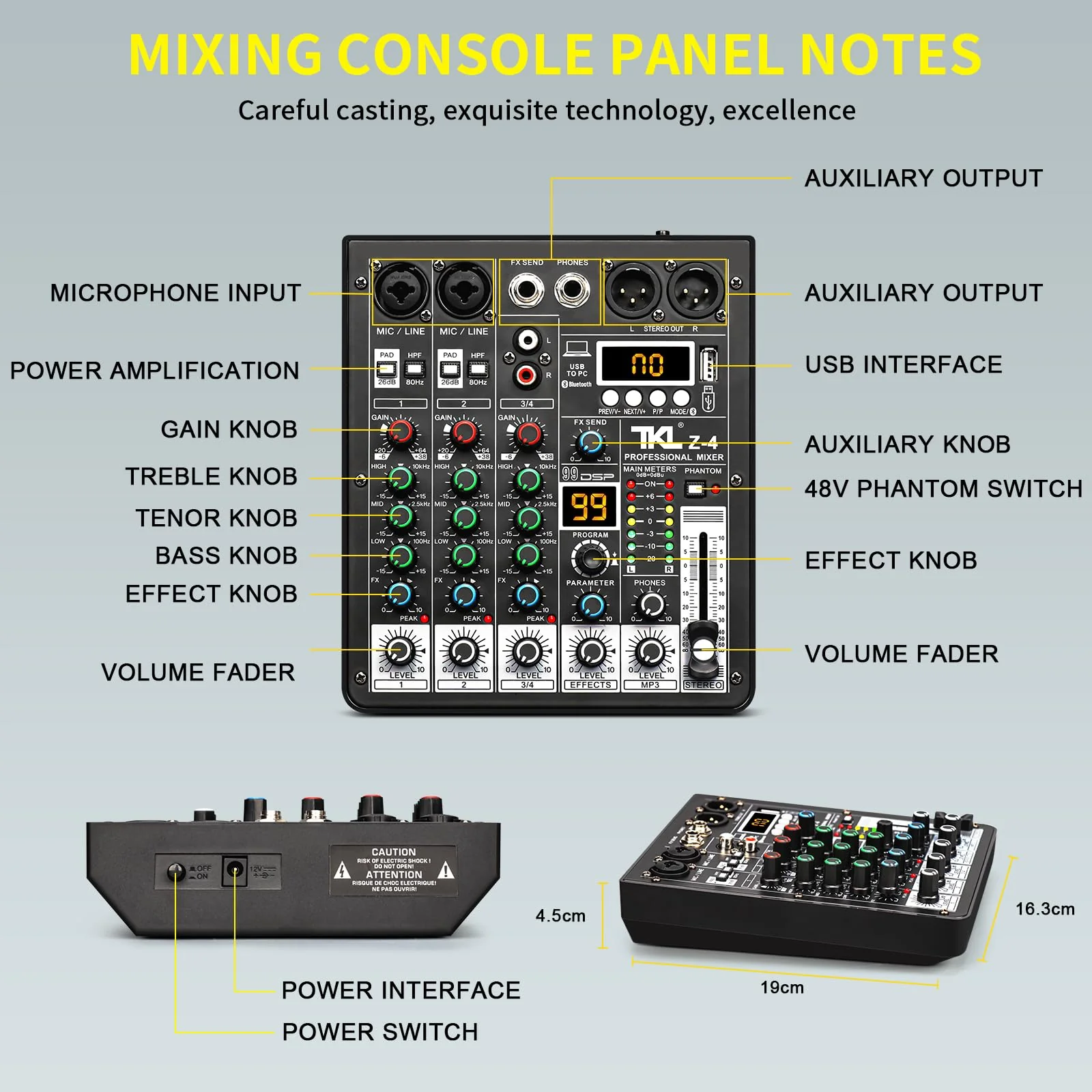 Audio Mixer, TKLBLS Professional DJ Mixer, Sound Sound Board Mixing Console with 4 Channel 99-Bit DSP, Digital MP3 Computer Input, 48V Phantom Power Stereo Recording, Live Stream - Image 7