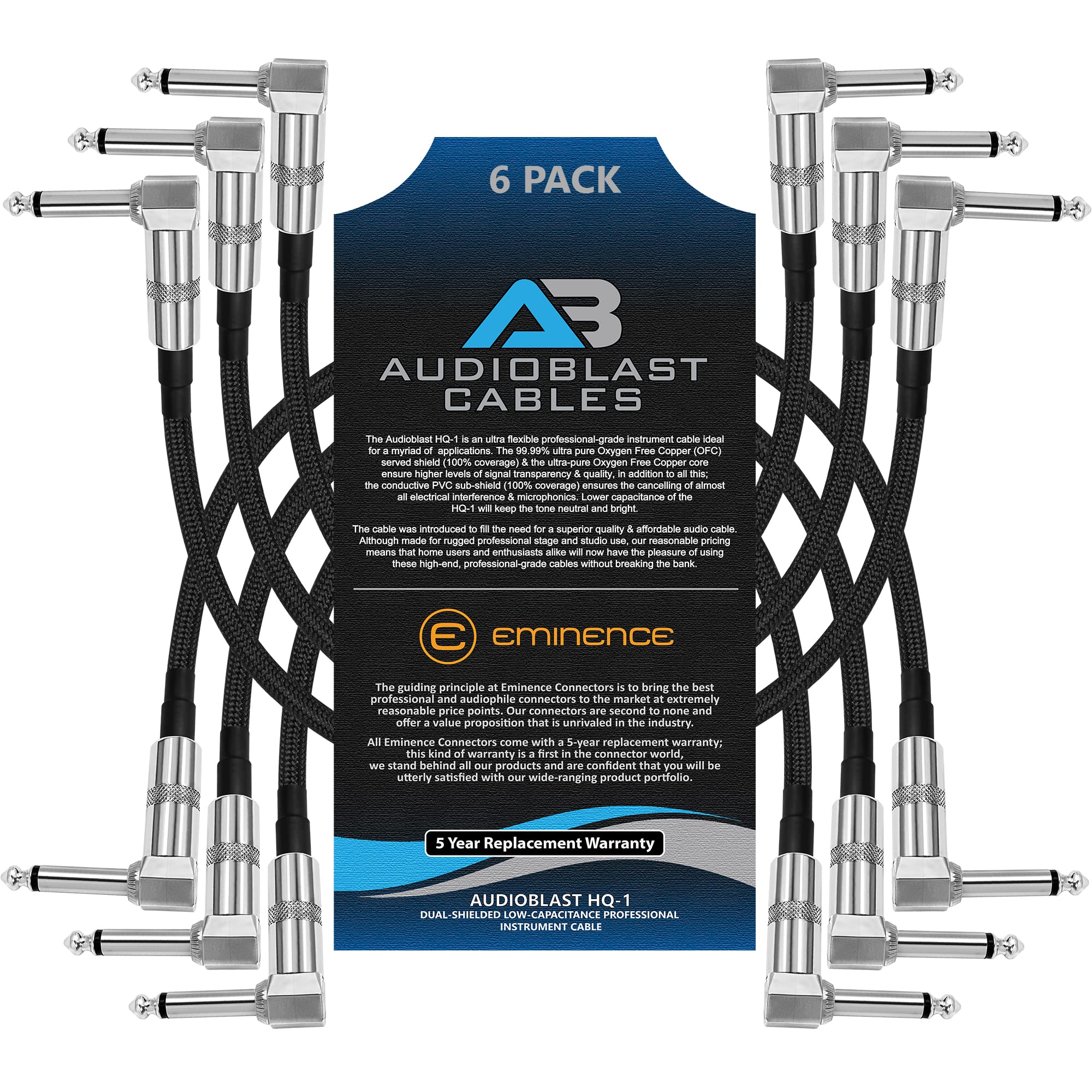 Audioblast - 6 Units - 6 Inch - HQ-1 Braid (Black) Flexible - Dual Shielded(100%)-Guitar Instrument Effects Pedal Patch Cable w/Eminence Right-Angled ¼ inch (6.35mm) TS Plugs & Double Staggered Boots