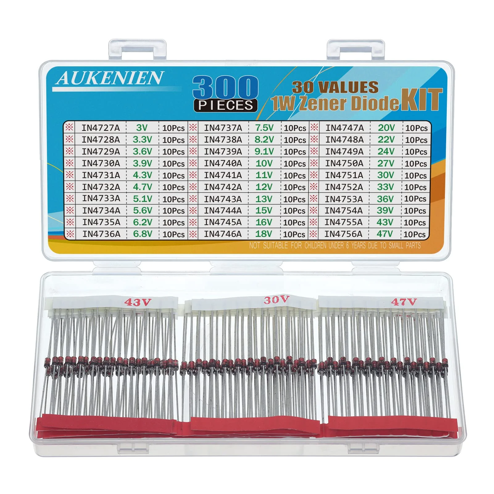 AUKENIEN 1W Zener Diode Z Diodes Assortment Set 30 Value Zener Diode Kit 3V 3.3V 3.6V 3.9V 4.3V 4.7V 5.1V 5.6V 6.2V 6.8V 7.5V 8.2V 9.1V 10V 11V 12V 13V 15V 16V 18V 20V 222 V 24V 27V 30V 33V 36V 39V 1W Zener Dioden