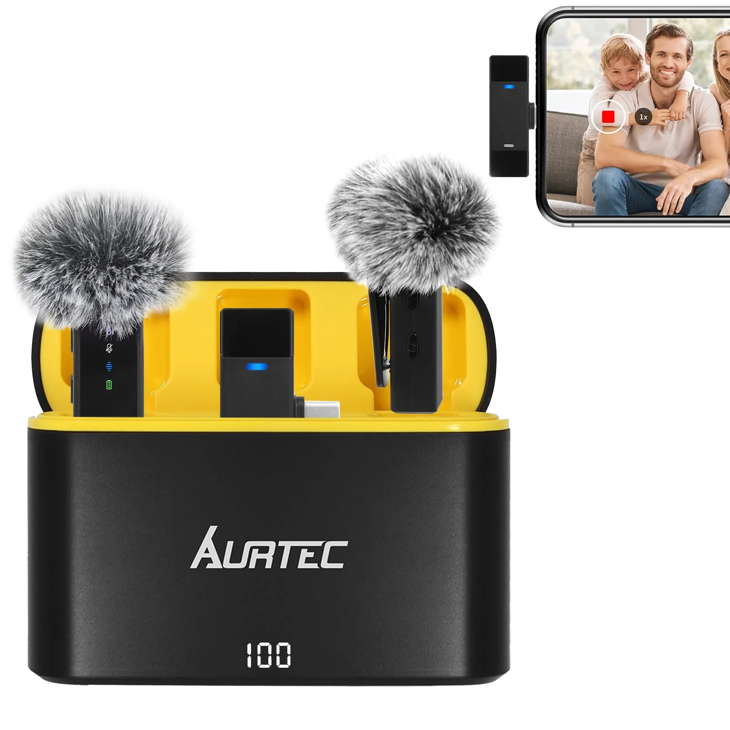 AURTEC Wireless Lavalier Microphone with Charging Case for Type C/USB C Phones, Set of 2, Plug & Play, 100 Ft Range, Noise Cancellation and Large Battery Type-C