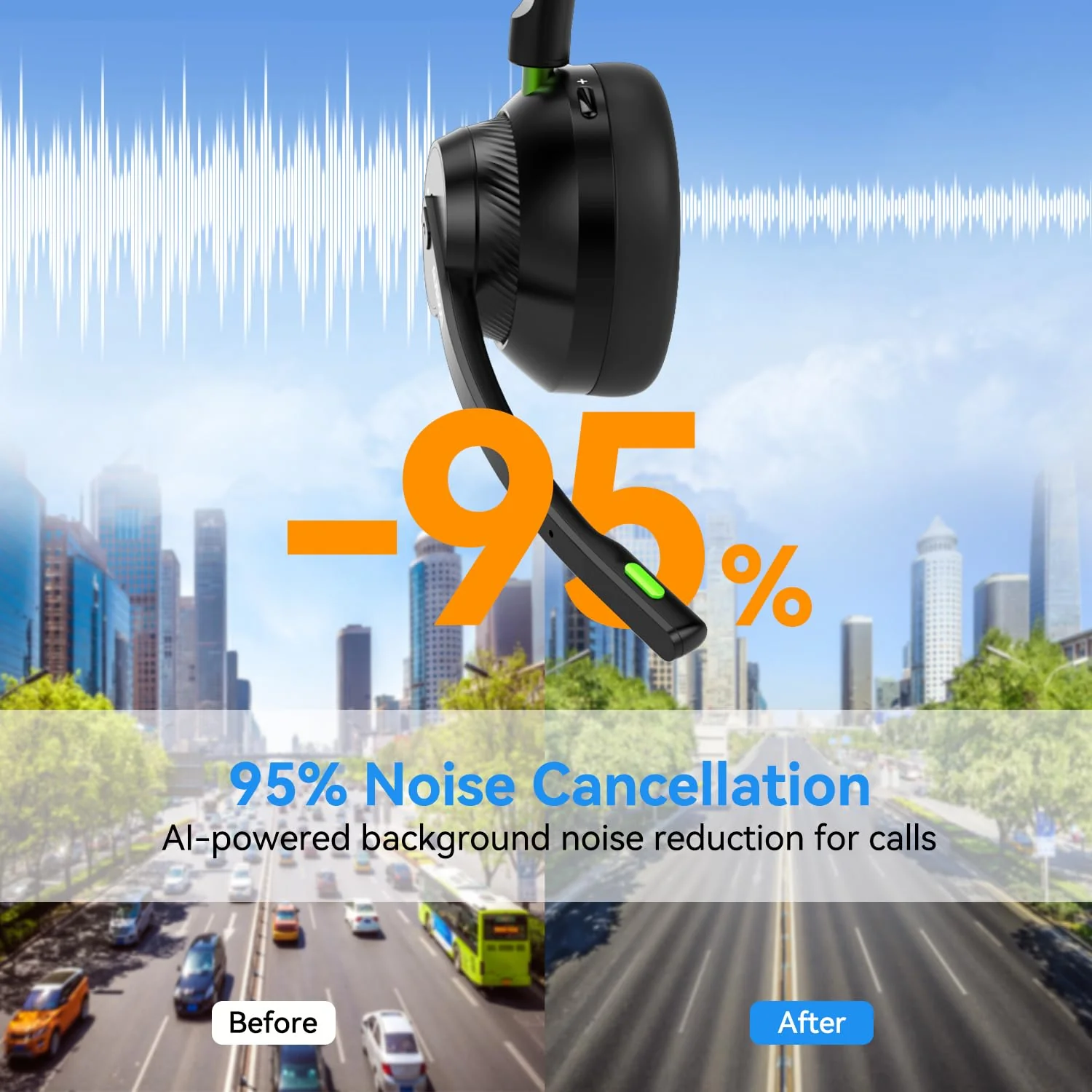 AUSDOM Trucker Bluetooth Headset with Microphone: A2301 Wireless 5.2 On-Ear Headset with AI Noise Cancelling Mic & Mute Button, 50H Playtime for Work from Home Office Call Center Cellphones Laptop Black & Green - Image 2