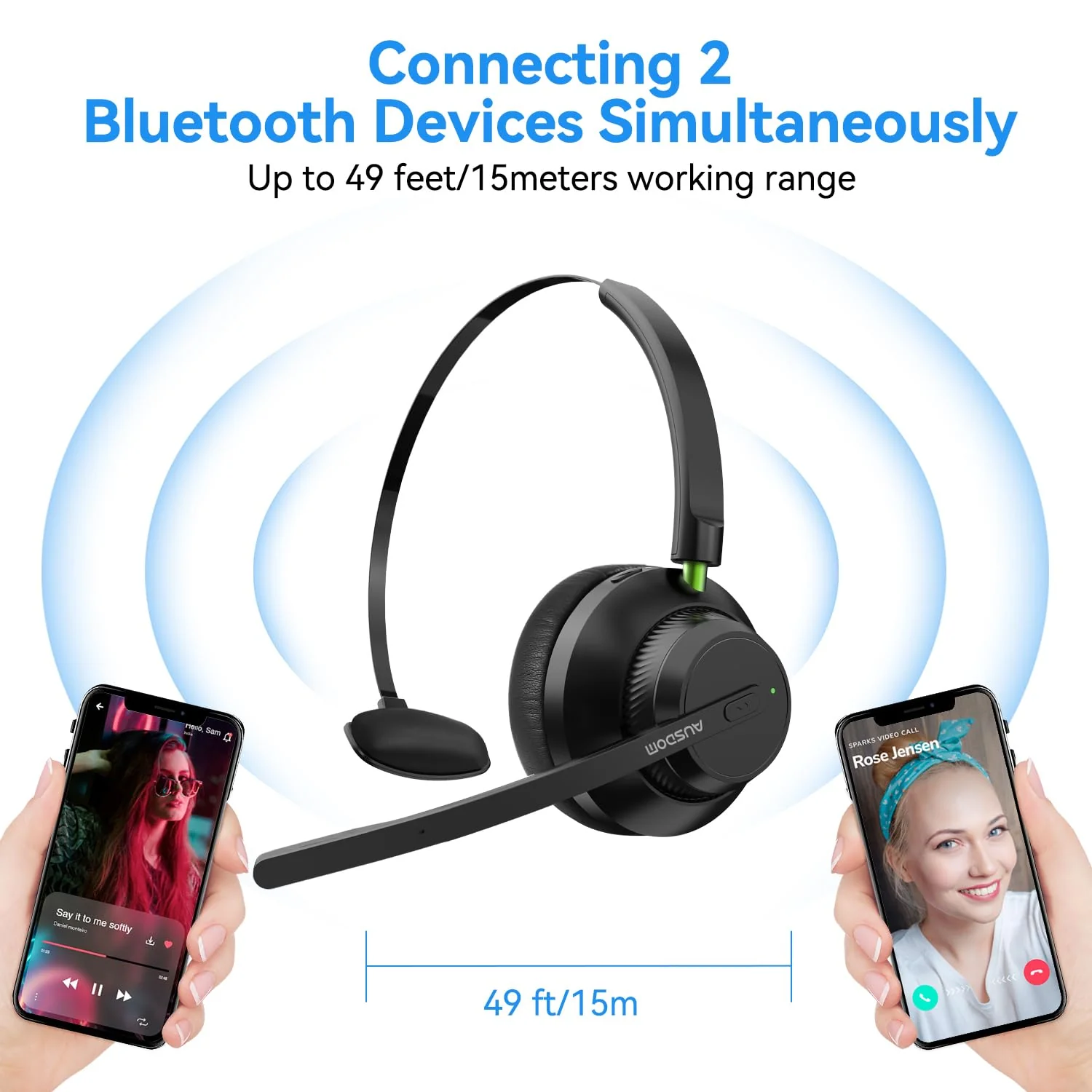 AUSDOM Trucker Bluetooth Headset with Microphone: A2301 Wireless 5.2 On-Ear Headset with AI Noise Cancelling Mic & Mute Button, 50H Playtime for Work from Home Office Call Center Cellphones Laptop Black & Green - Image 4