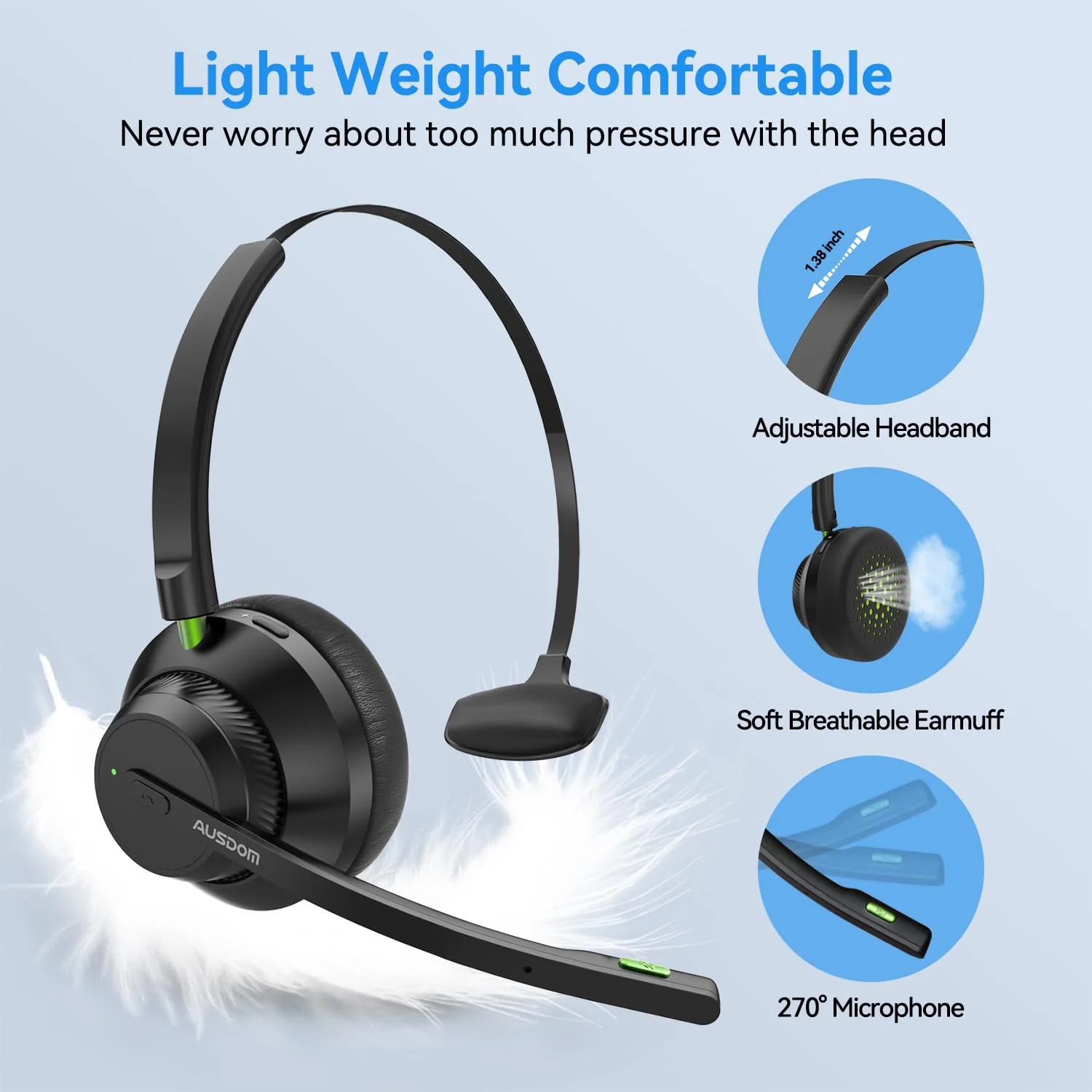 AUSDOM Trucker Bluetooth Headset with Microphone: A2301 Wireless 5.2 On-Ear Headset with AI Noise Cancelling Mic & Mute Button, 50H Playtime for Work from Home Office Call Center Cellphones Laptop Black & Green - Image 6