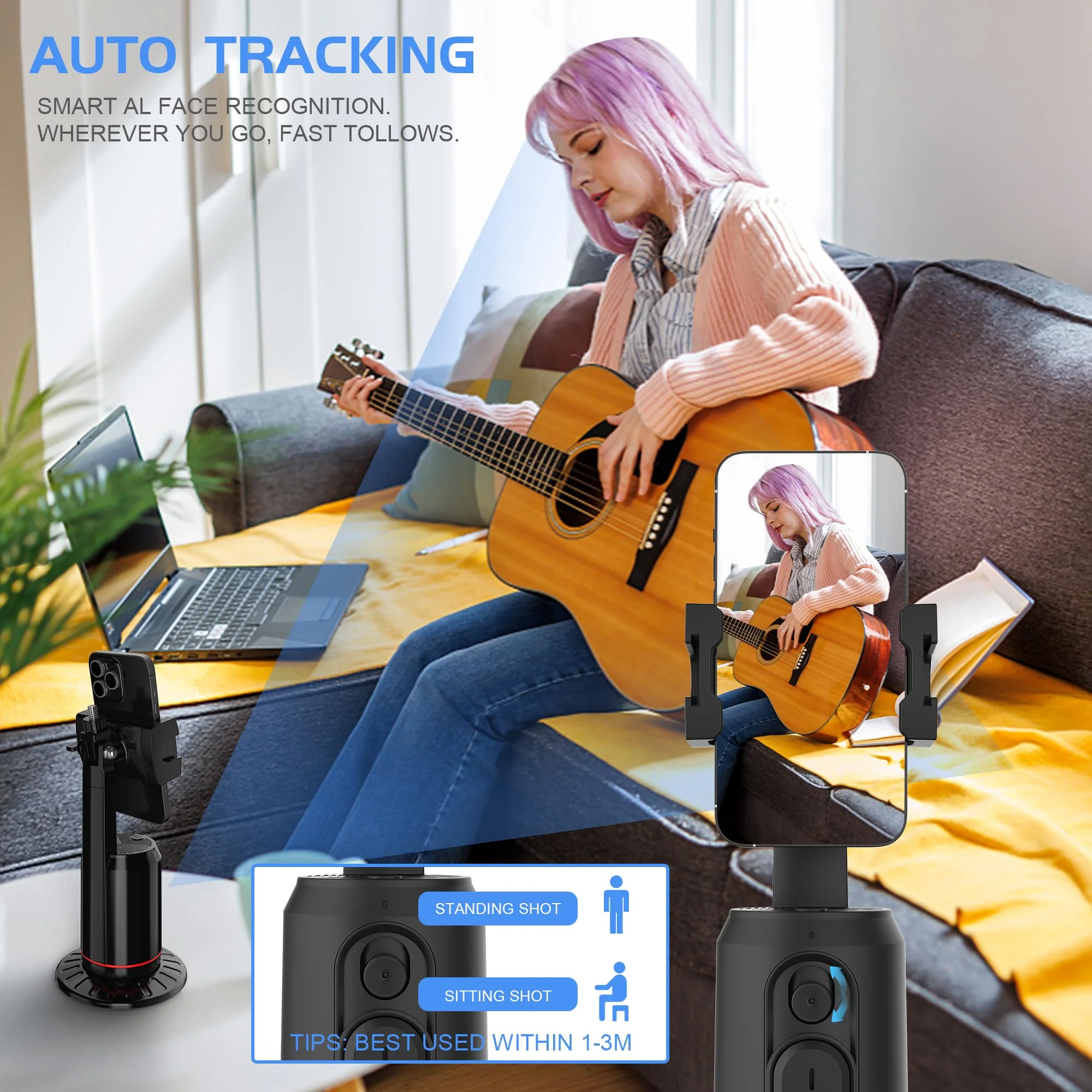 Auto Face Tracking Phone Holder for Phone, GoPro, Compact Camera, 360° Rotation Mount with Remote Compatible with Tripod, Rotating Stand for iPhone for Vlog, Streaming, Video, FaceTime, TIK Tok - Image 3