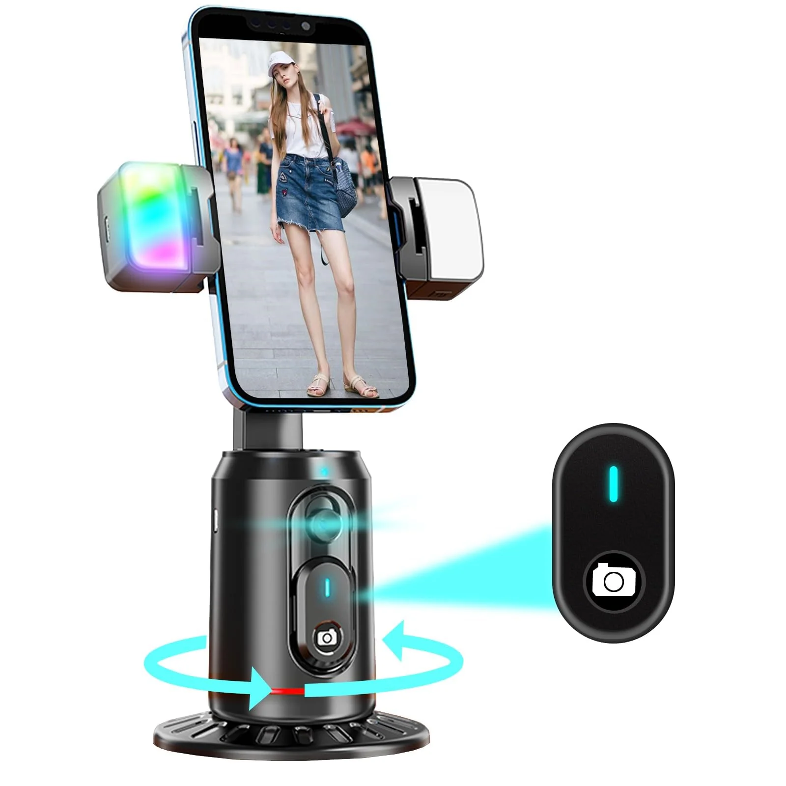 Auto Face Tracking Tripod 360° Rotating Auto Tracking Phone Stand, No App, Gesture Control Smart Shooting Camera Mount with Selfie Light and Remote for Live Vlog Streaming Video Tiktok-Rechargeable