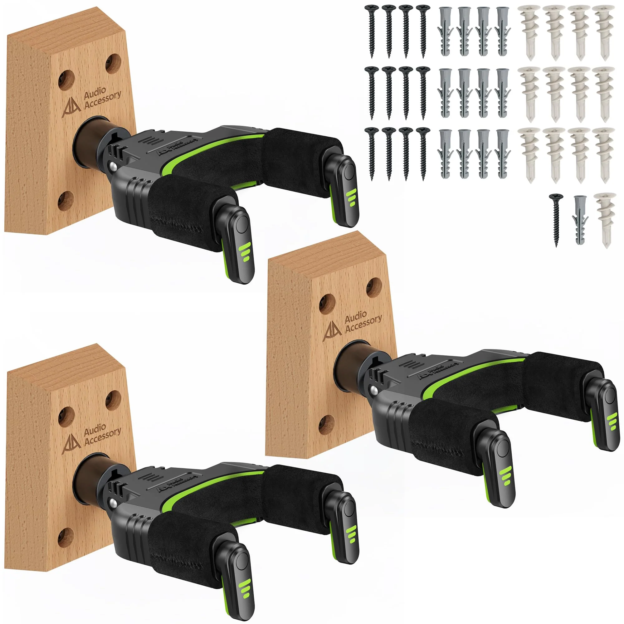 Auto Lock Guitar Wall Mount 3-Pack, Reinforced 4-Screw Base, Locking Guitar Hanger for Heavy Bass, Electric, Acoustic Guitar, Soft Velvet Contact Surface to Protect Nitro Lacquer 3 Pack