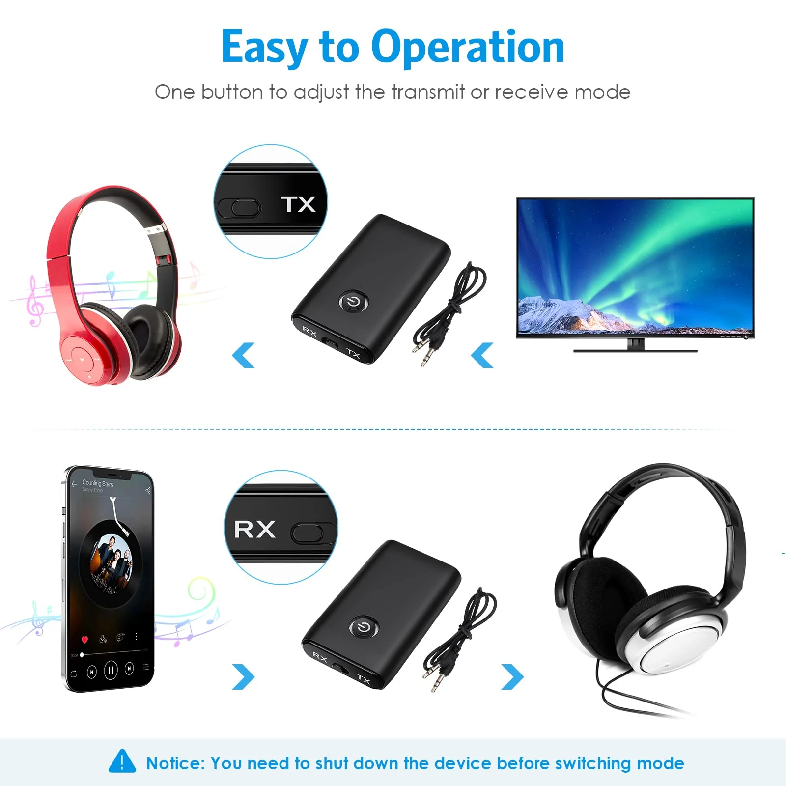 Aux Bluetooth Adapter for Car, Bluetooth 5.0 Transmitter Receiver, Portable Wireless Bluetooth Adapter, 2-in-1 Bluetooth Aux Adapter, Audio Receiver for Laptop, Radio, Headphones, Speakers, TV Black - Image 3