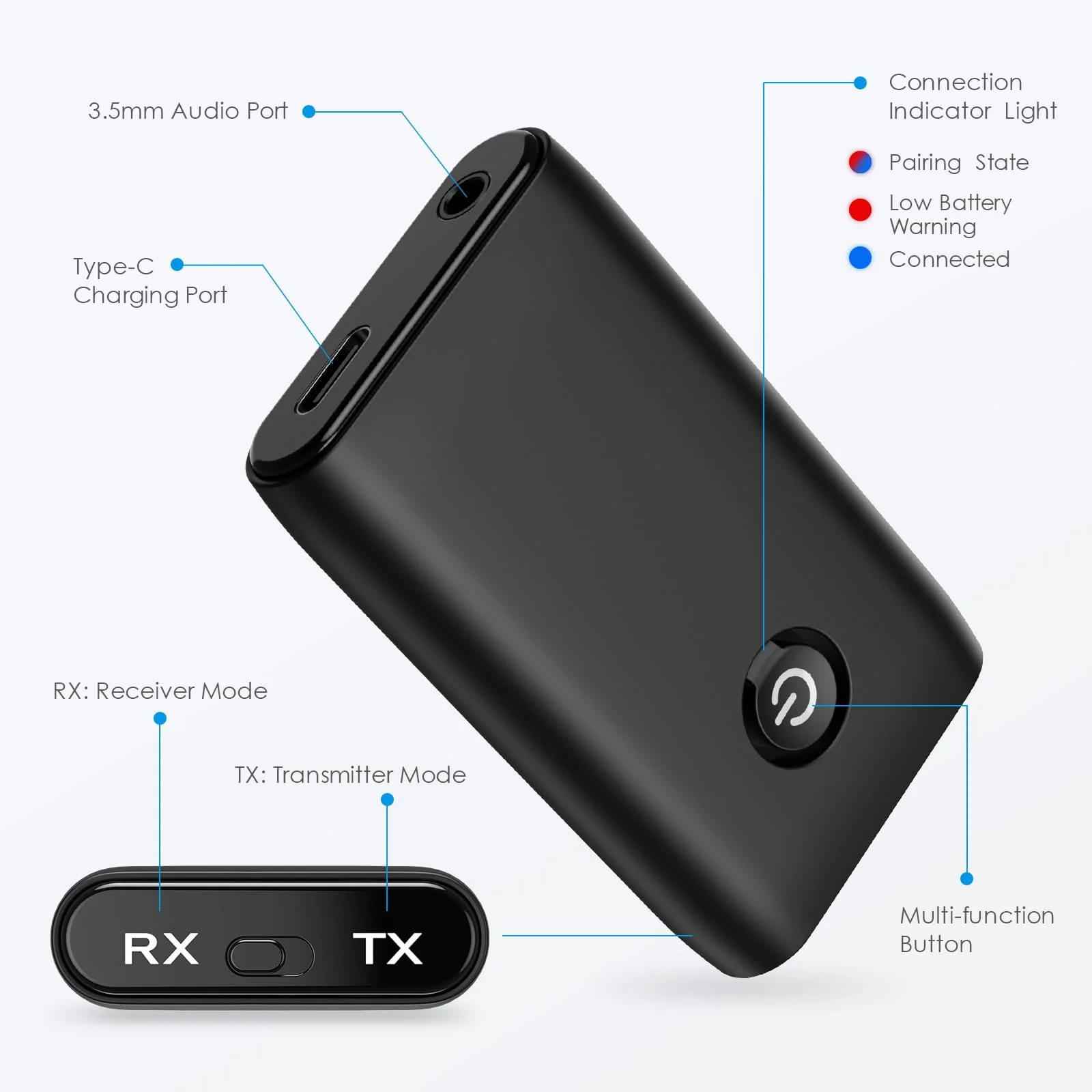 Aux Bluetooth Adapter for Car, Bluetooth 5.0 Transmitter Receiver, Portable Wireless Bluetooth Adapter, 2-in-1 Bluetooth Aux Adapter, Audio Receiver for Laptop, Radio, Headphones, Speakers, TV Black - Image 6