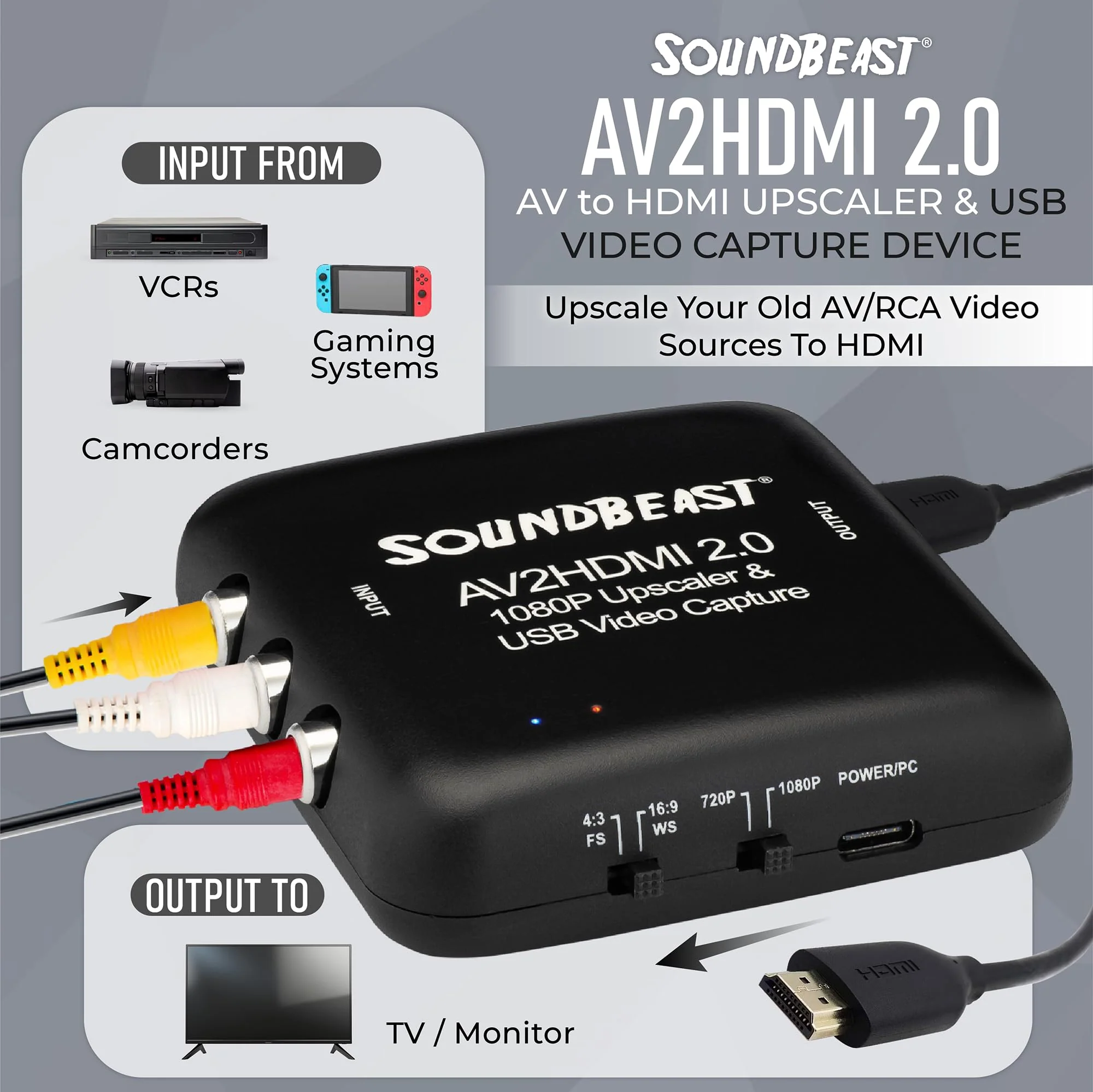 AV to HDMI Converter & Recorder 2.0 - AV RCA Composite to 1080P HDMI TV Upscaler - for VCR, VHS, DVD, Camcorder, Hi8, Gaming - 4:3 Aspect Ratio - USB Video Capture - Image 2