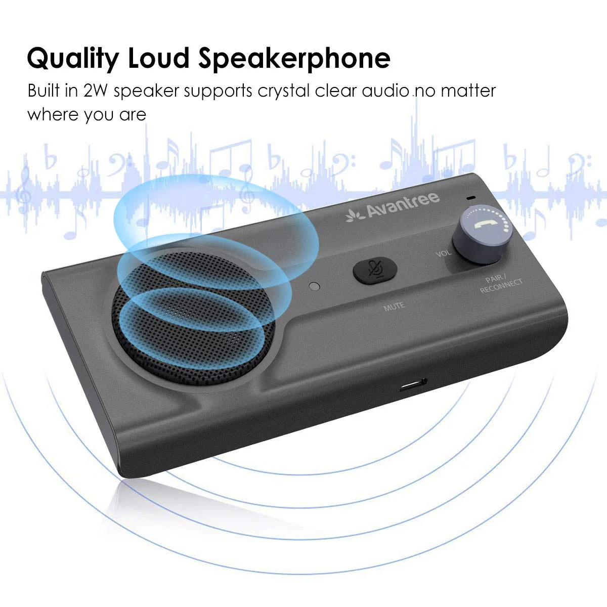 Avantree CK11 Hands Free Bluetooth 5.0 Car Kits, Loud Speakerphone, Support Siri Google Assistant & Motion Auto On Off, Volume Knob, Wireless in Car Handsfree Speaker Kit with Visor Clip - Titannium - Image 4