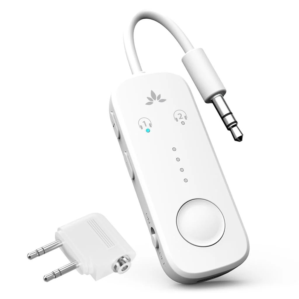 Avantree Relay - Premium Airplane Bluetooth 5.3 Adapter for All Headphones, aptX Low Latency, Supports 2 Headphones or AirPods, Wireless Audio Transmitter for in-Flight, TV, Gym, Tablets White