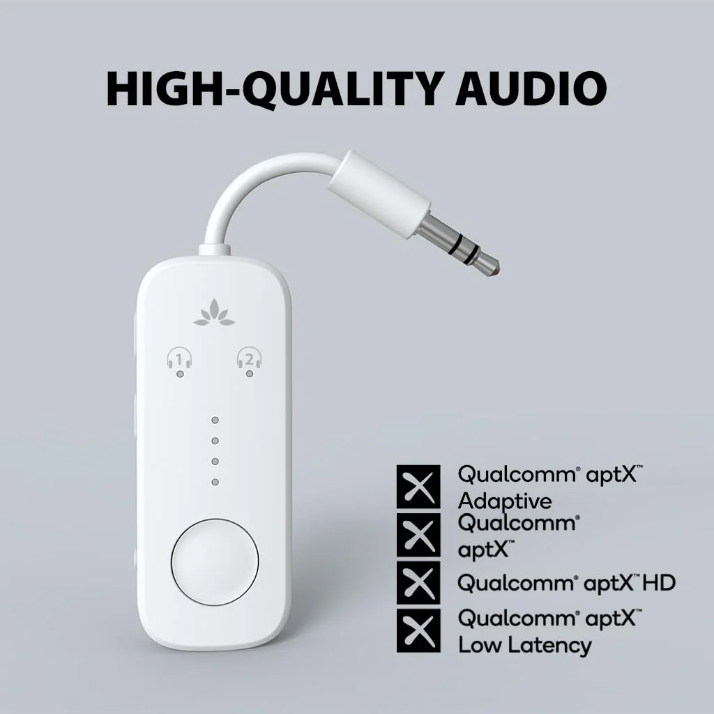 Avantree Relay - Premium Airplane Bluetooth 5.3 Adapter for All Headphones, aptX Low Latency, Supports 2 Headphones or AirPods, Wireless Audio Transmitter for in-Flight, TV, Gym, Tablets White - Image 3