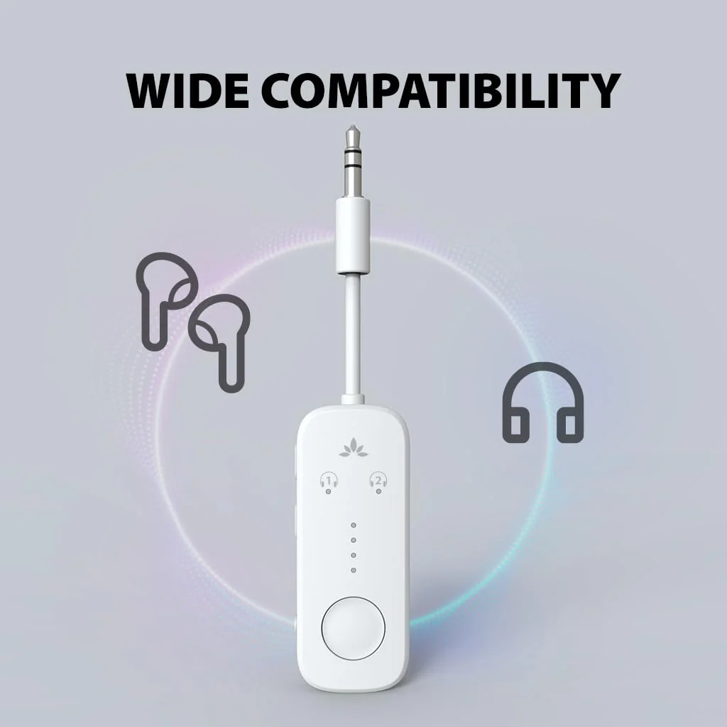 Avantree Relay - Premium Airplane Bluetooth 5.3 Adapter for All Headphones, aptX Low Latency, Supports 2 Headphones or AirPods, Wireless Audio Transmitter for in-Flight, TV, Gym, Tablets White - Image 4