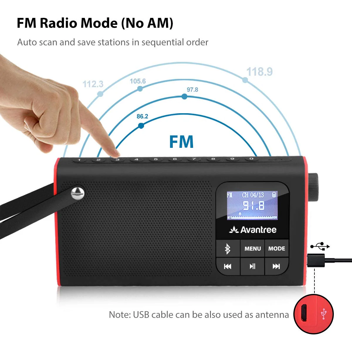 Avantree SP850 Rechargeable Portable FM Radio with Bluetooth Speaker and SD Card MP3 Player 3-in-1, Auto Scan Save, LED Display, Small Handheld Pocket Battery Operated Wireless Radio (No AM) - Image 2