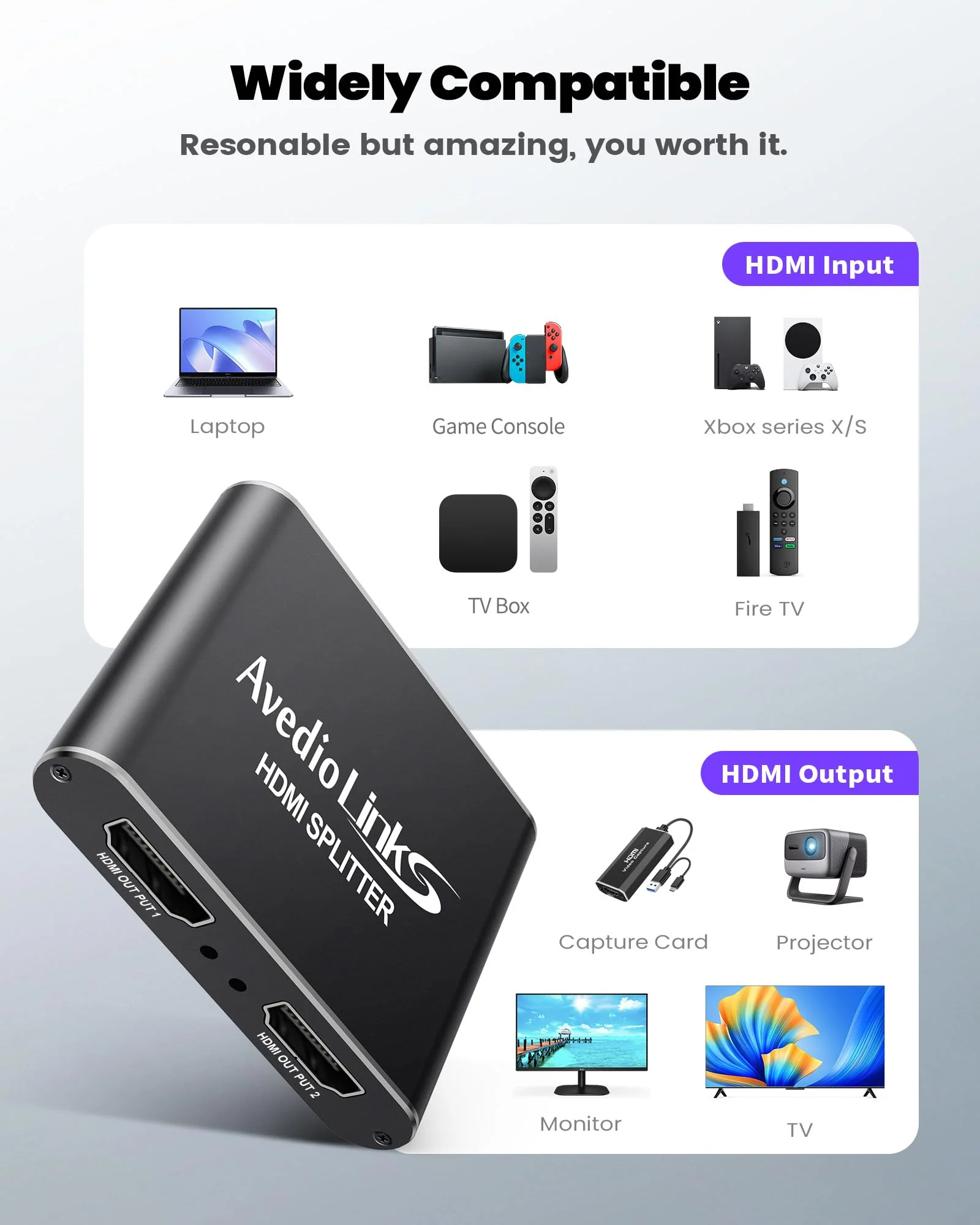 avedio links HDMI Splitter 1 in 2 Out 4K@60Hz [with 4 ft HDMI Cable], Aluminum Alloy 4K HDMI Splitter for 2 Same Screen, 1x2 HDMI 2.0 Splitter Mirror Only, Support Full HD 1080P 3D HDCP 1.4(Black) Black - Image 7