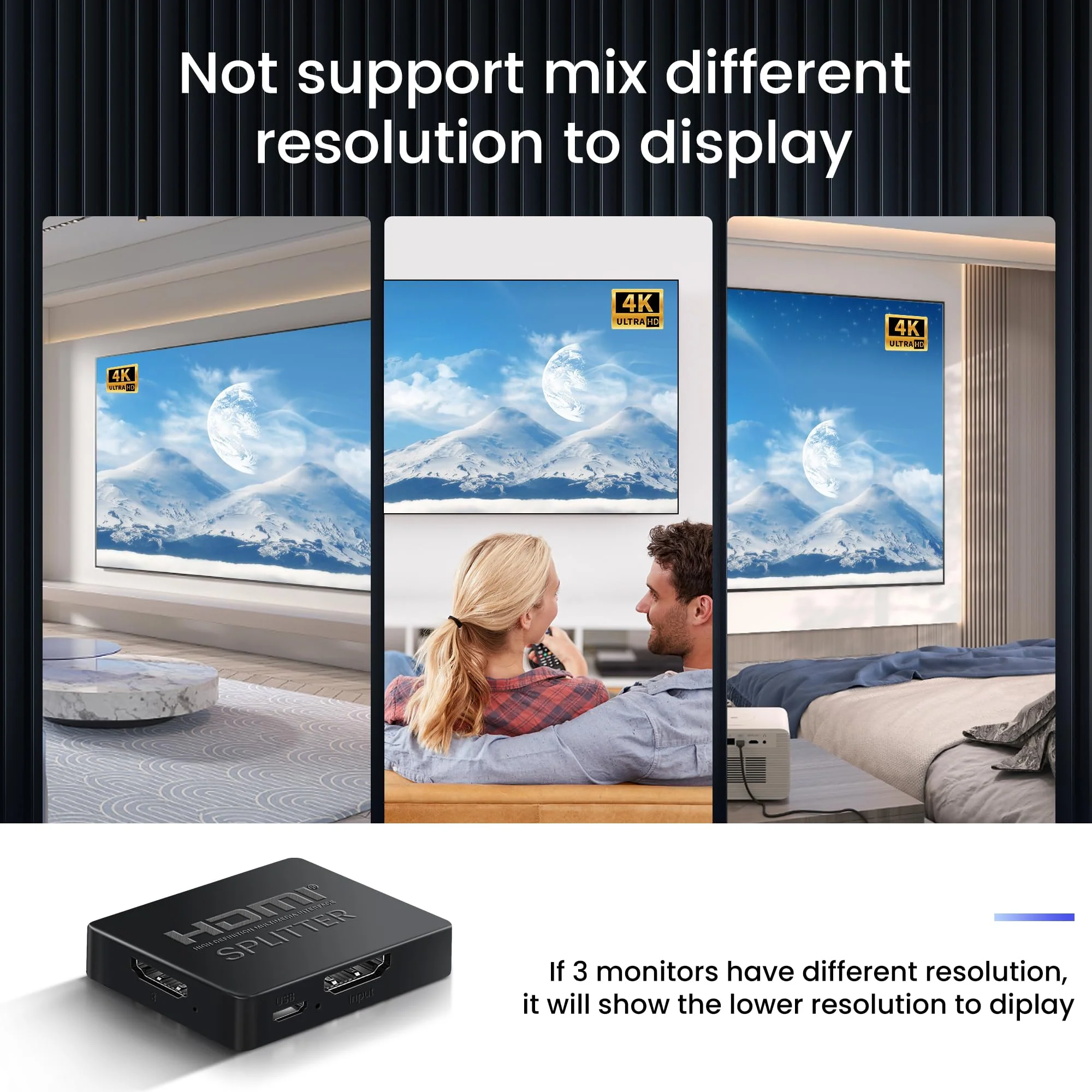 avedio links HDMI Splitter 1 in 3 Out with HDMI Cable, 4K HDMI Splitter 1X3 Duplicate/Mirror Screen, USB Power Splitter 3 Way HDMI Splitter Support 1080P@60Hz, 3D, HDR, 1 Input to 3 displays 1x3 4K@30Hz - Image 6
