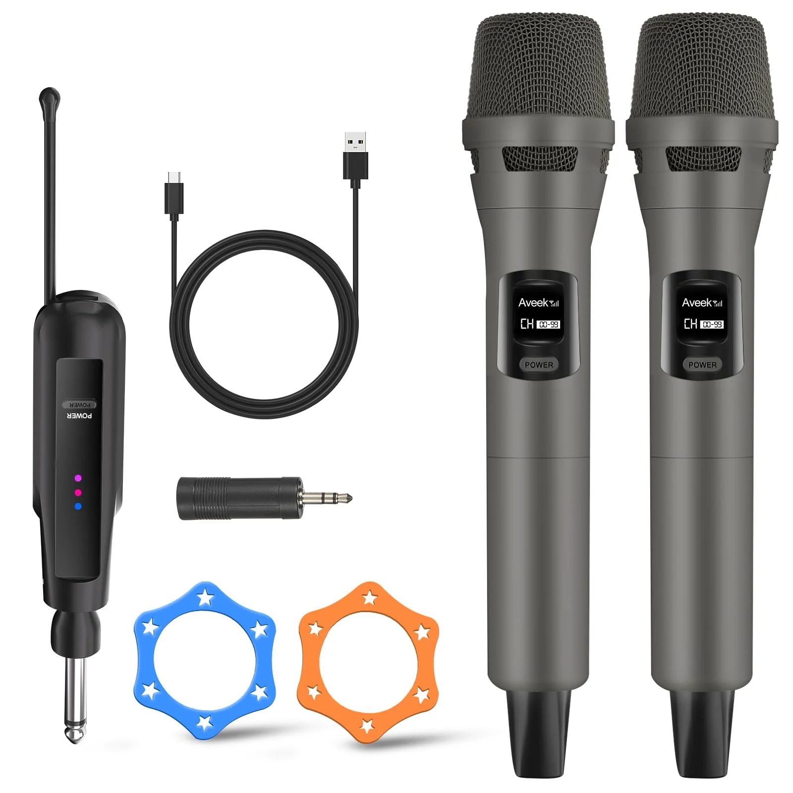 Aveek 2.4GHz Wireless Microphone System, 2 Rechargeable Mics and Receiver, Plug & Play for Karaoke Machine, Party Speakers, Home Entertainment, Wedding & Events - Crystal Clear Sound, 100ft Range Gray
