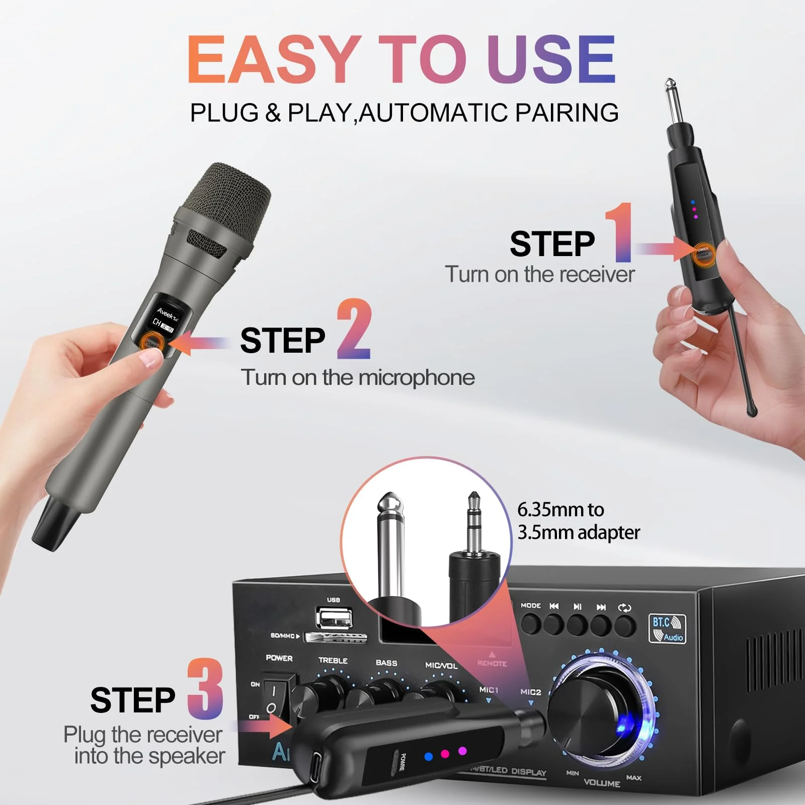 Aveek 2.4GHz Wireless Microphone System, 2 Rechargeable Mics and Receiver, Plug & Play for Karaoke Machine, Party Speakers, Home Entertainment, Wedding & Events - Crystal Clear Sound, 100ft Range Gray - Image 4