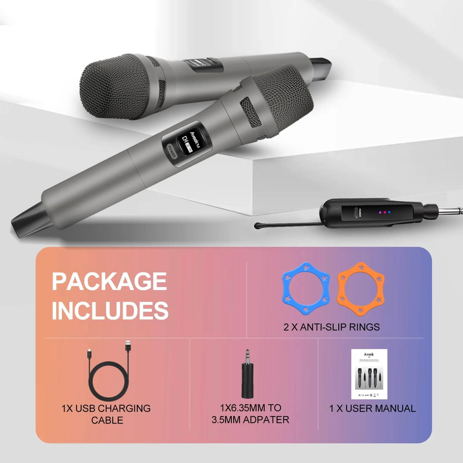 Aveek 2.4GHz Wireless Microphone System, 2 Rechargeable Mics and Receiver, Plug & Play for Karaoke Machine, Party Speakers, Home Entertainment, Wedding & Events - Crystal Clear Sound, 100ft Range Gray - Image 7