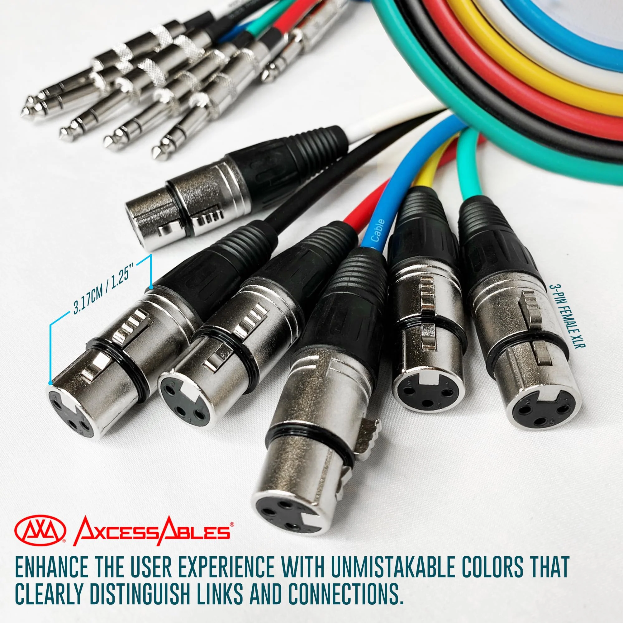 AxcessAbles XLR Female to 1/4" TRS Balanced 15ft Speaker Color Cable Pack | Balanced Speaker, Microphone Snake Cords (15ft - 6 Pack) XLR Female to 1/4 TRS - Image 4