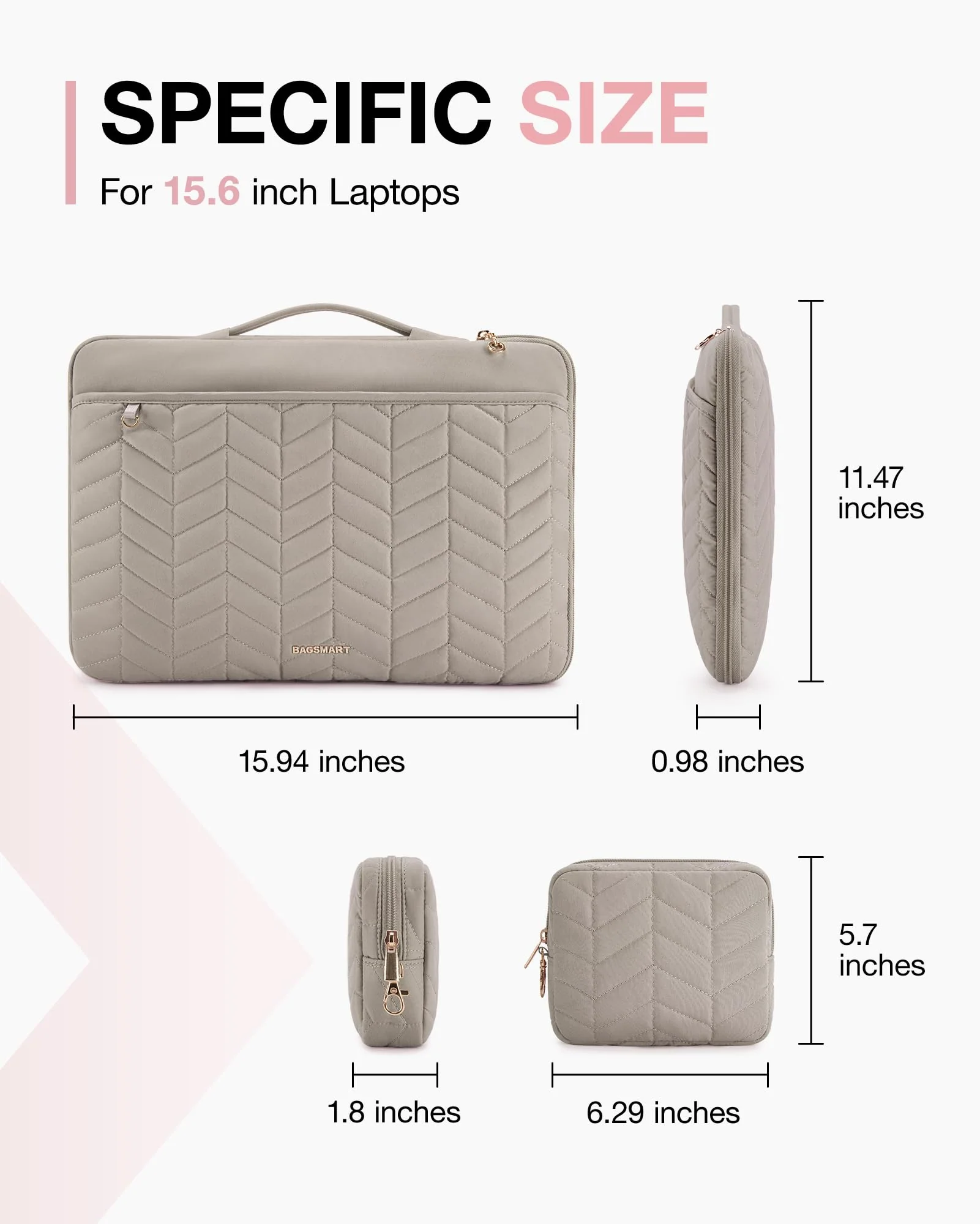 BAGSMART 15-16 inch Laptop Sleeve with Handle, Puffy Padded Laptop Case Bag, Portable MacBook Case Sleeve Fitted with MacBook Air 15.6 inch, MacBook pro 16 inch, Computer Sleeve Fitted with Dell,HP Warm Gray - Image 7