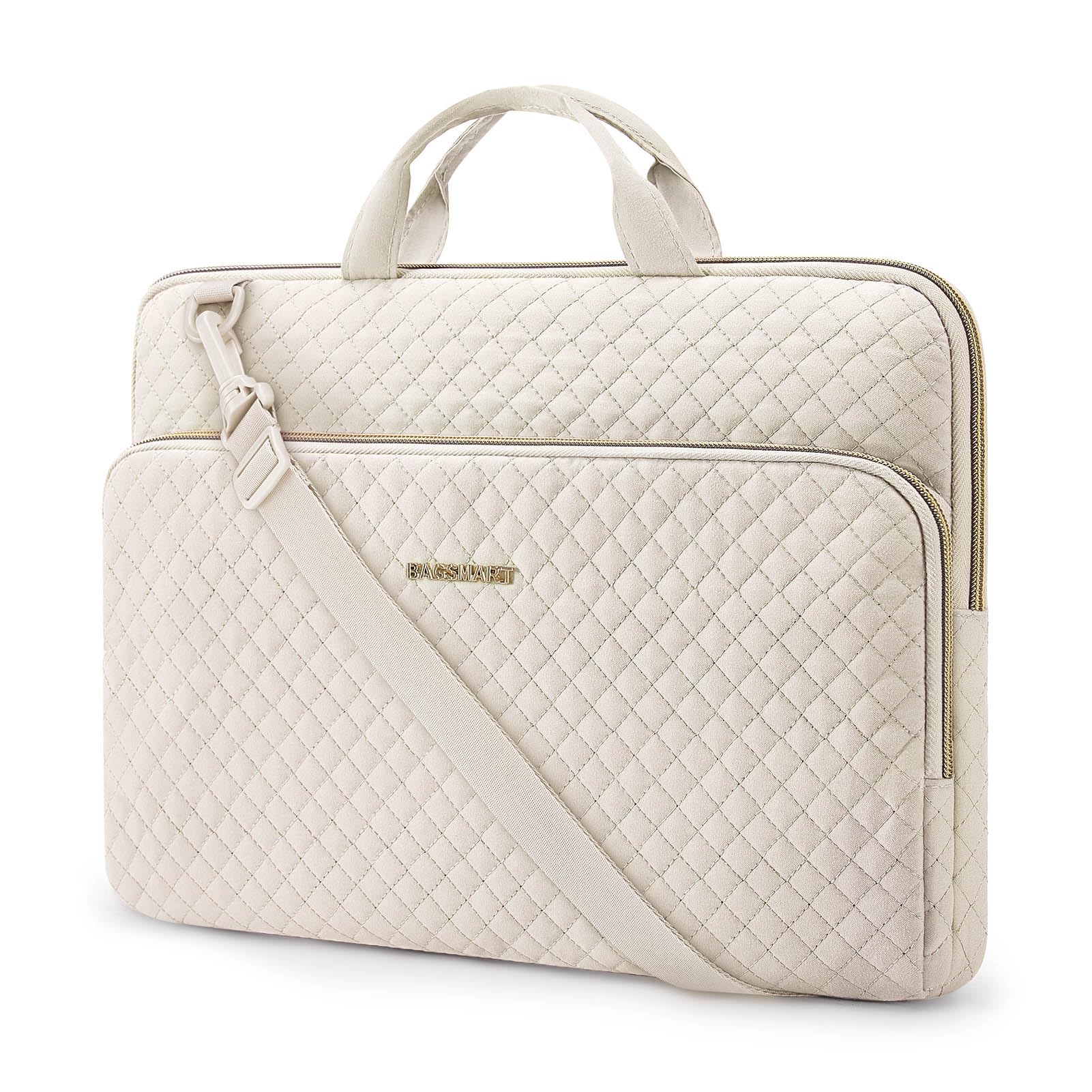 BAGSMART 15.6 inch Laptop Shoulder bag, Laptop Sleeve Compatible with MacBook Pro 16 Inch,15.6 inch HP,Dell,Acer Aspire,Asus Notebook,Laptop Protective Case with Shoulder Strap,Pocket,Handle,Beige Beige-shoulder Strap