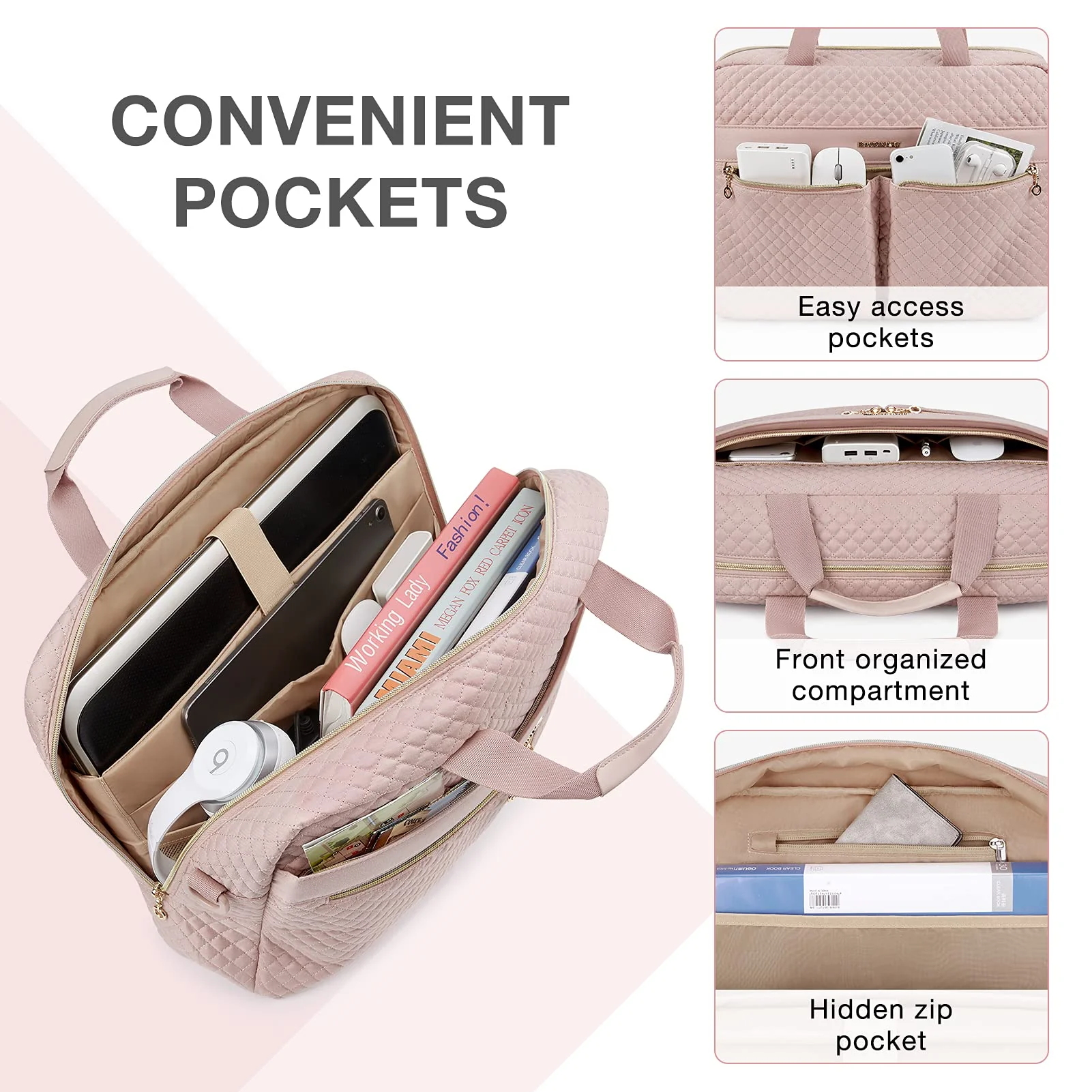 BAGSMART 17.3/15.6 Inch Laptop Bag, Briefcase for Women Computer Messenger Bag Office Travel Business, Pink 17.3 Inch - Image 3