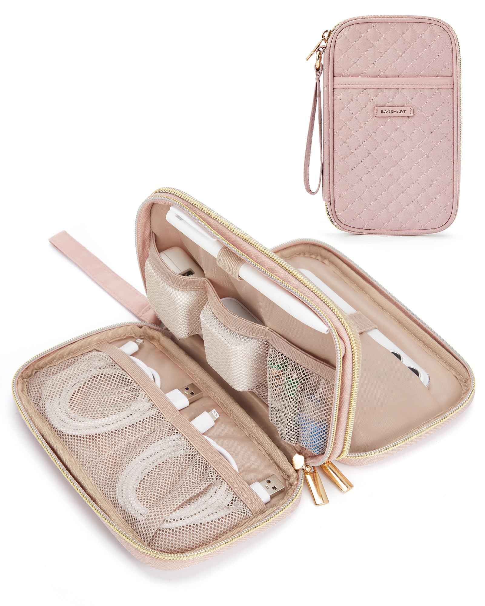 BAGSMART Cord Organizer Travel Cable Organizer Bag Tech Electronic Organizer Travel Case, Travel Essentials for Charger, Cable, Phone, Flash drive, Double Layer - Pink Double Layer Quilted Pink