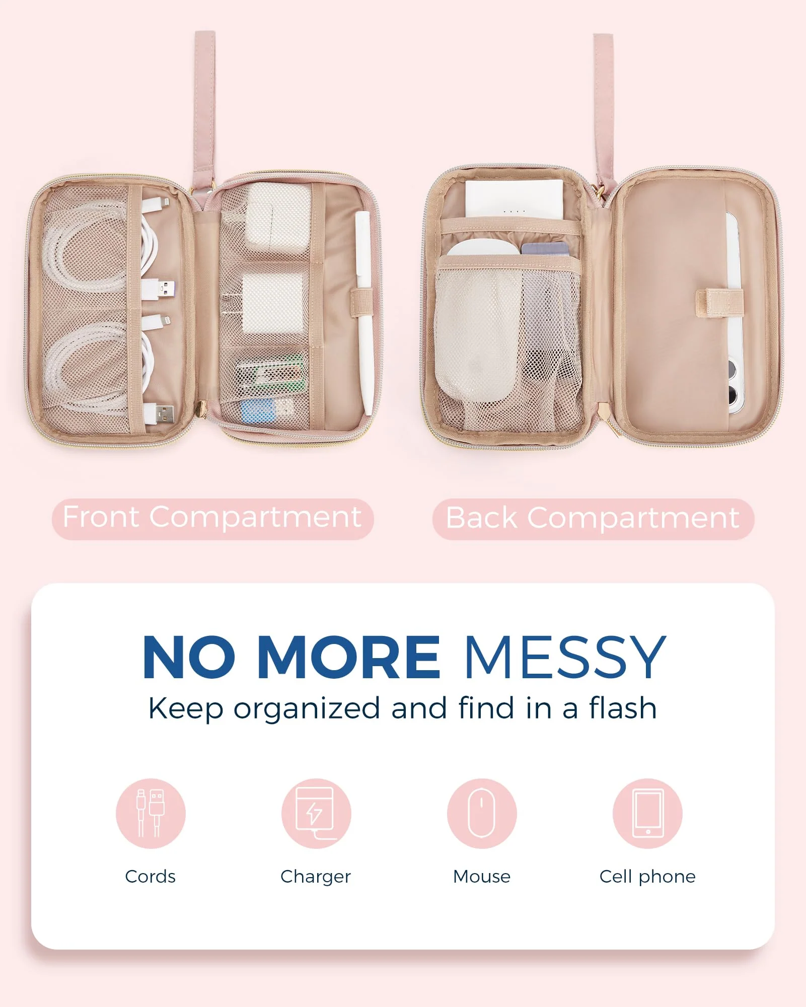 BAGSMART Cord Organizer Travel Cable Organizer Bag Tech Electronic Organizer Travel Case, Travel Essentials for Charger, Cable, Phone, Flash drive, Double Layer - Pink Double Layer Quilted Pink - Image 3