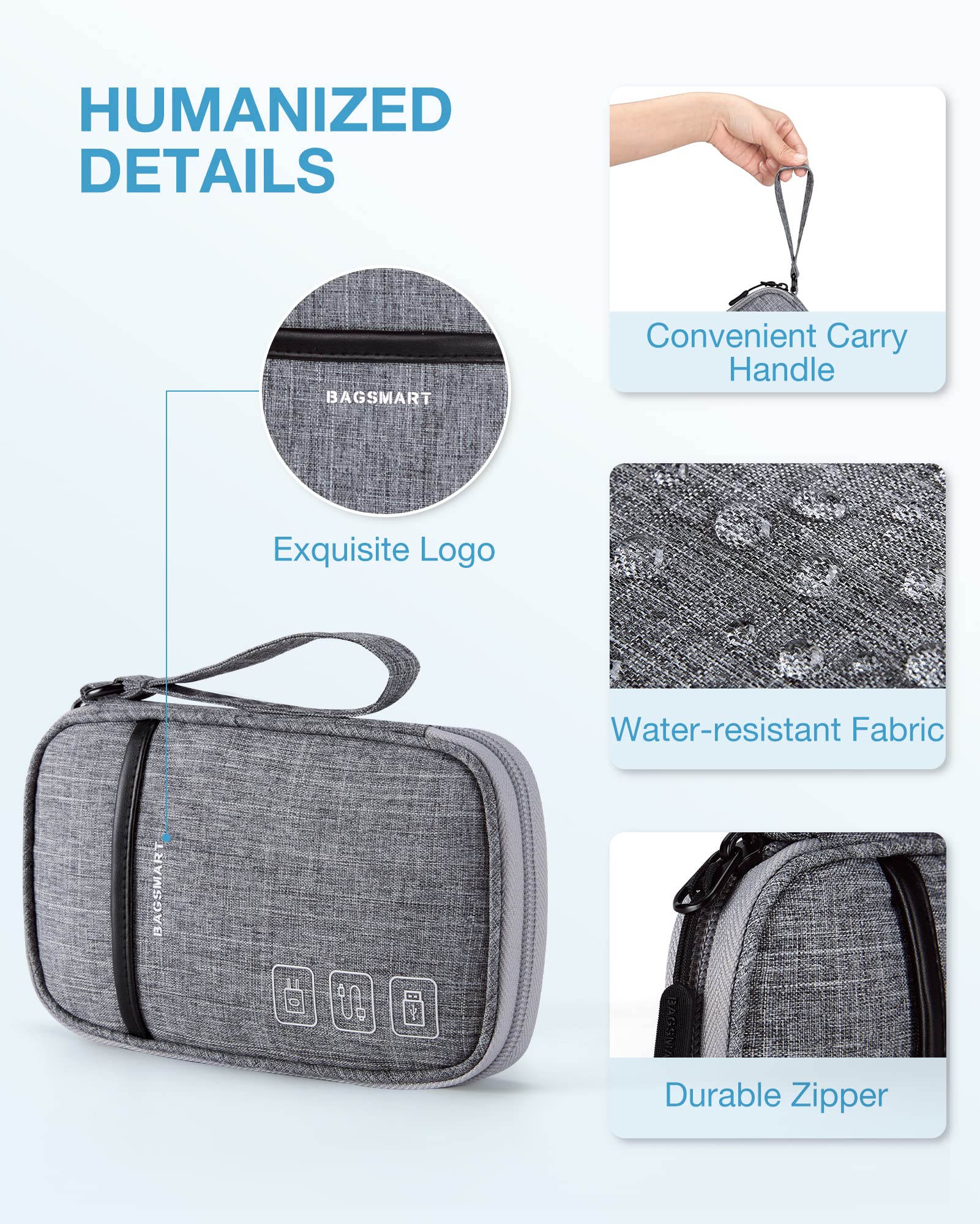 BAGSMART Cord Organizer Travel Cable Organizer Bag Tech Electronic Organizer Travel Case, Travel Essentials for Charger, Cable, Phone, Flash drive, Single Layer - Grey Single Layer Grey - Image 5