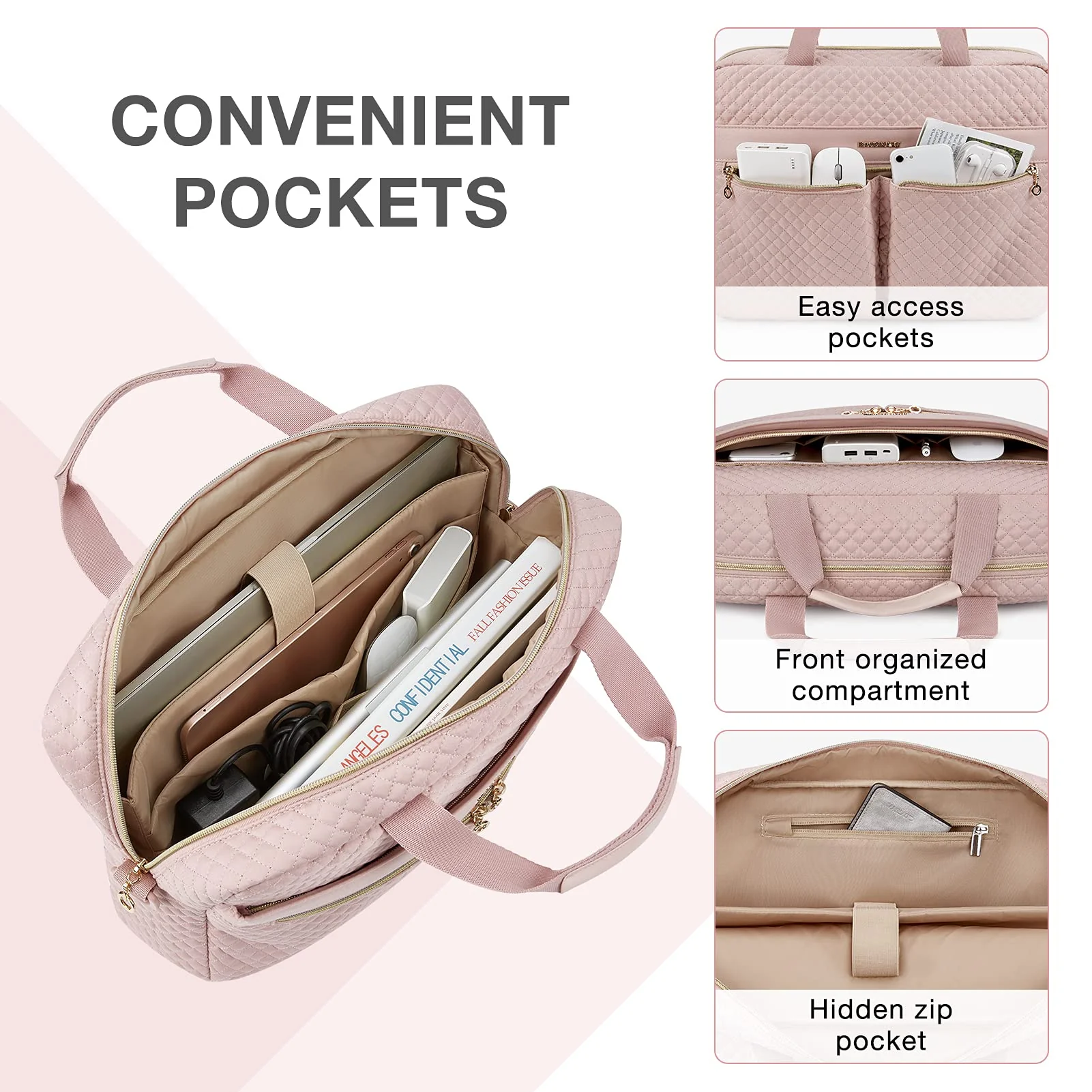 BAGSMART Laptop Bag, 15.6/17.3 Inch Briefcase for Women Large Laptop Case Computer Bag Office Travel Business, Pink 15.6 Inch - Image 3