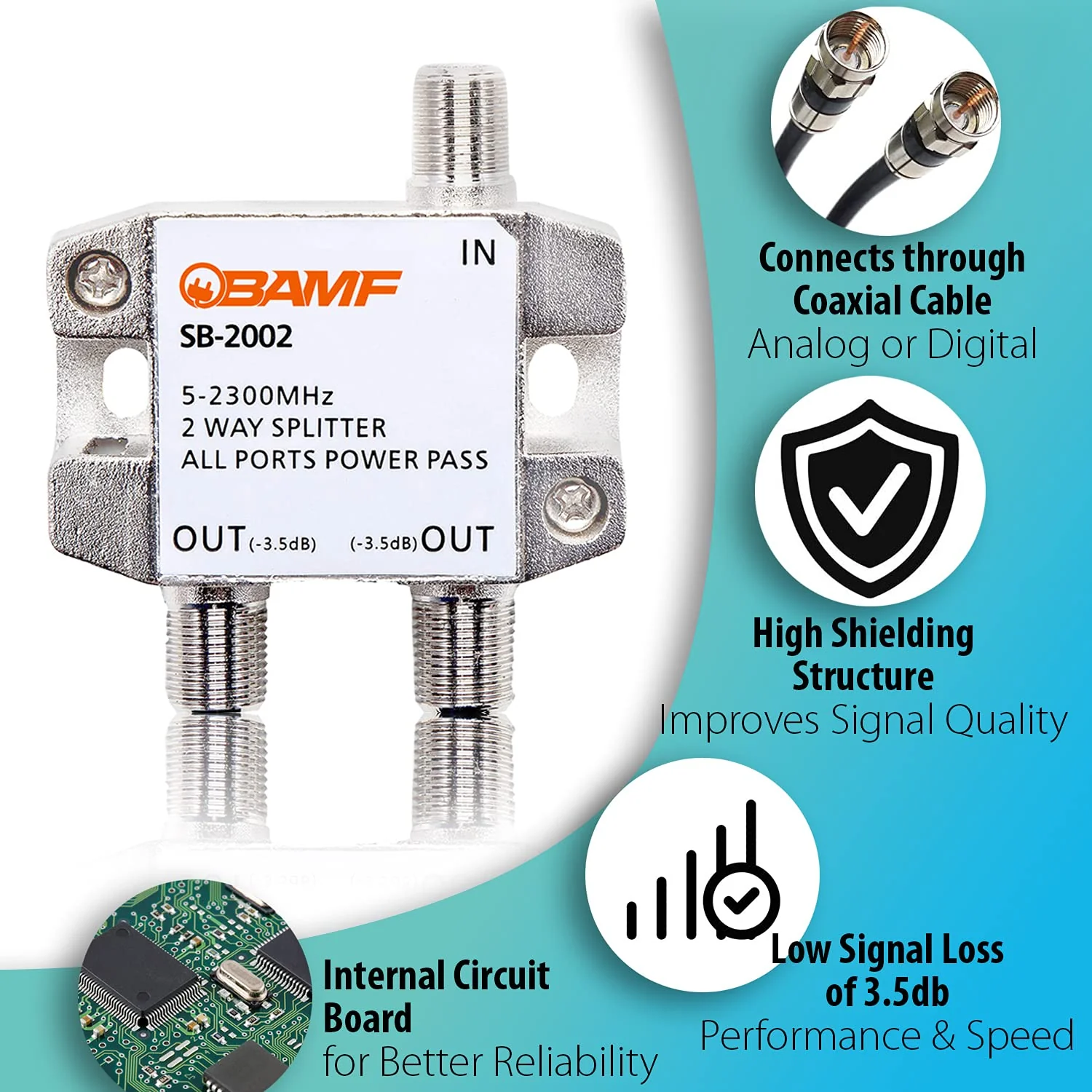 BAMF 2 Way Coaxial Cable Splitter, Bi-Directional Coax MoCA 5-2300MHz, RG6 Compatible, Nickel Plated Cable Splitter Internet and TV Splitter, Satellite, Amplifier, Antenna, Analog/Digital Connections - Image 6