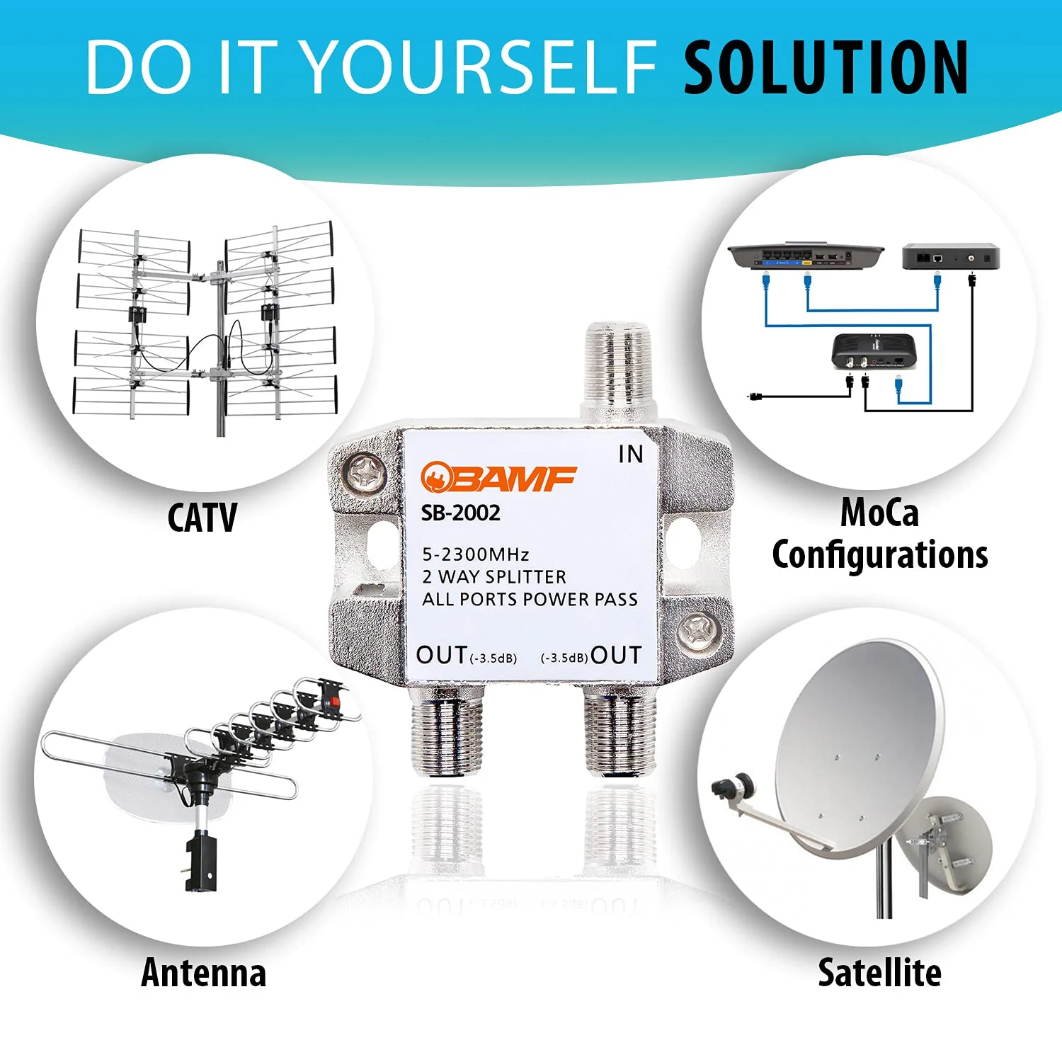 BAMF 2 Way Coaxial Cable Splitter, Bi-Directional Coax MoCA 5-2300MHz, RG6 Compatible, Nickel Plated Cable Splitter Internet and TV Splitter, Satellite, Amplifier, Antenna, Analog/Digital Connections - Image 7
