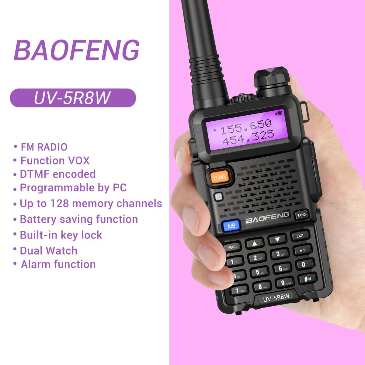 BaoFeng UV-5R 8W Ham Radio Long Range UV5R HandheldDual Band Walkie Talkies Two Way Radio Portable Tri-Power Radio(Black-8W 1Pack) Black-8W 1Pack - Image 3