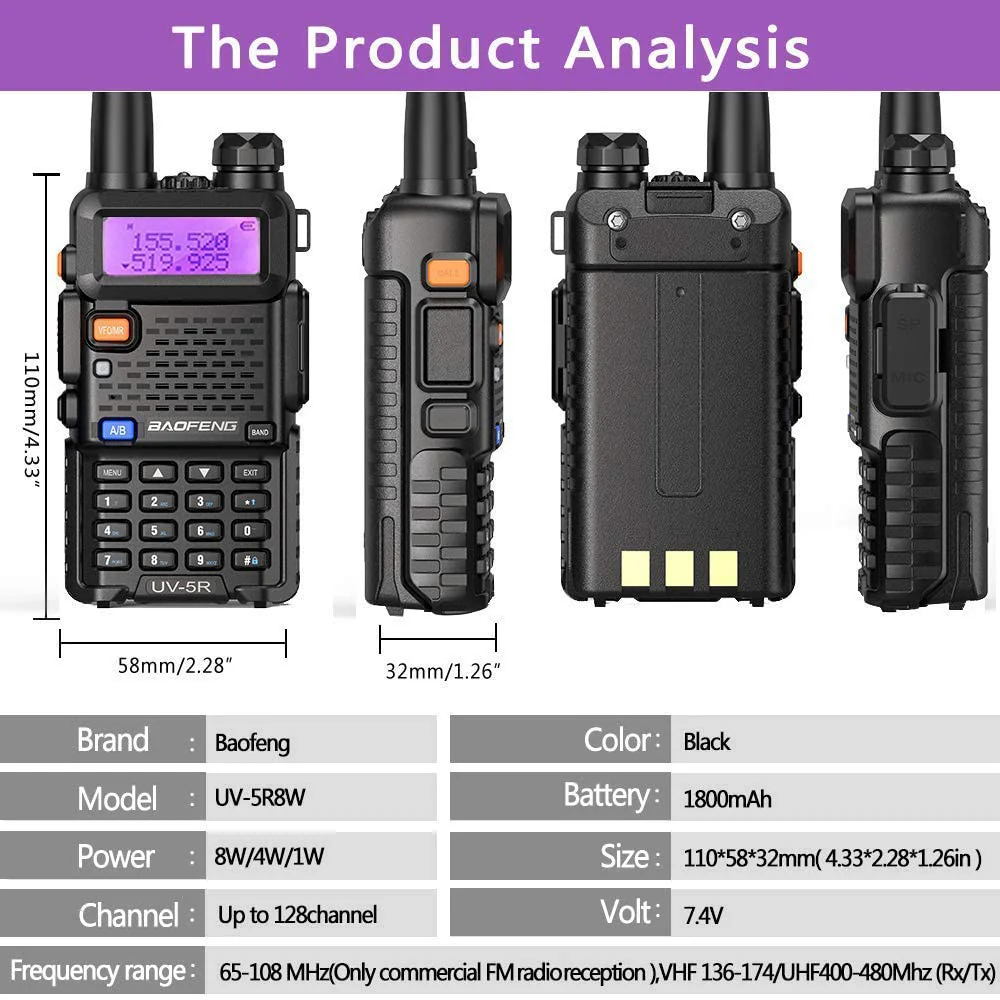 BaoFeng UV-5R 8W Ham Radio Long Range UV5R HandheldDual Band Walkie Talkies Two Way Radio Portable Tri-Power Radio(Black-8W 1Pack) Black-8W 1Pack - Image 4