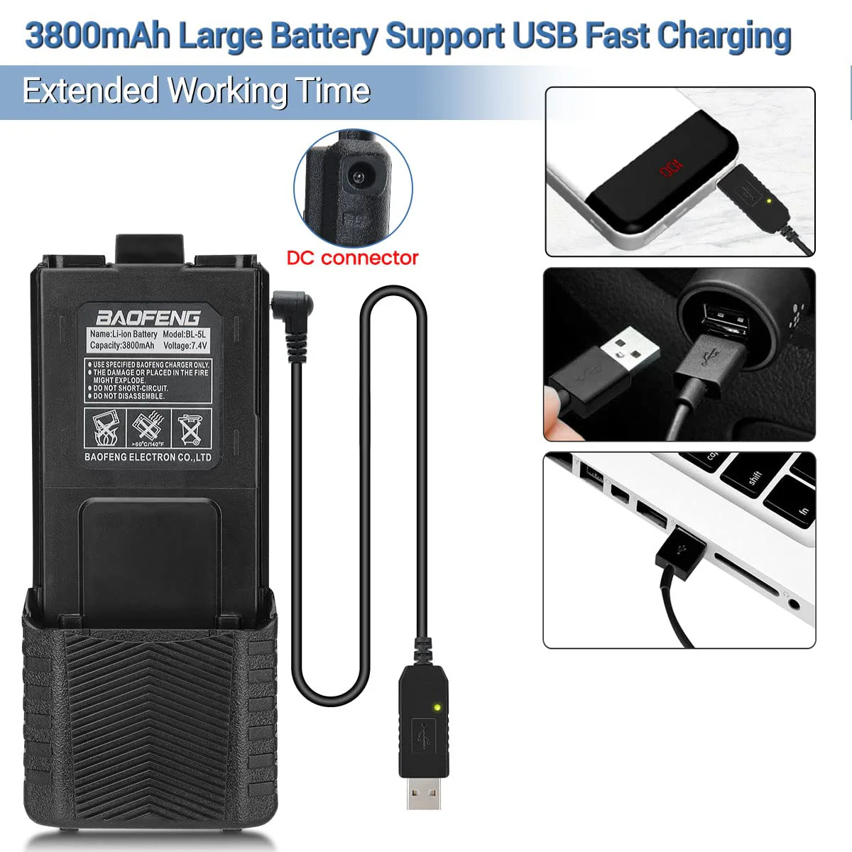 BaoFeng UV-5R Radio 8W Ham Radio Handheld Long Range Two-Way Radio Rechargeable Walkie Talkies for Adults with 3800mAh Battery and USB Charger Cable Black-1Pack+ 18.8" Antenna - Image 2