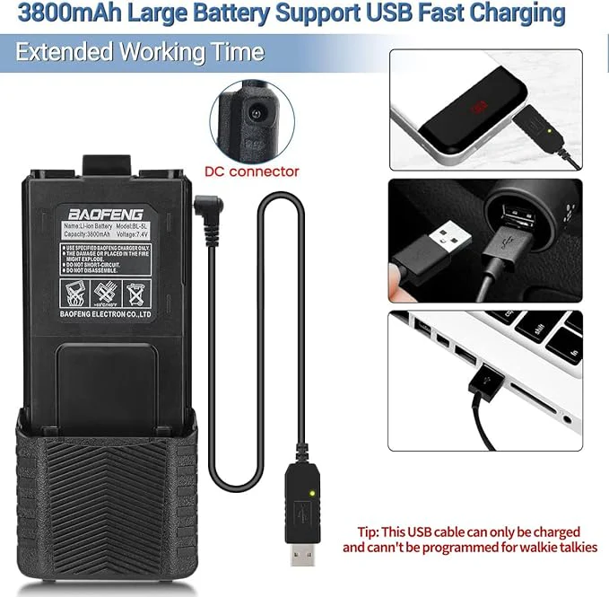 BaoFeng UV-5R Radio 8W Ham Radio Handheld Long Range Two-Way Radio Rechargeable Walkie Talkies for Adults with 3800mAh Battery and USB Charger Cable Black-1Pack+ 18.8" Antenna - Image 7