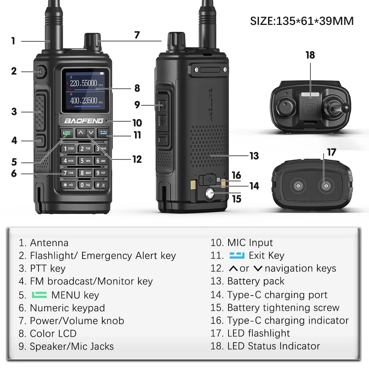 Baofeng UV-5R Upgrade Ham Radio Long Range Two Way Radio UV-17R Walkie Talkies for Adults Waterproof Dual Band USB Charger 999 Channels VOX with Earpiece,Flashlight Li-ion Battery - Image 8