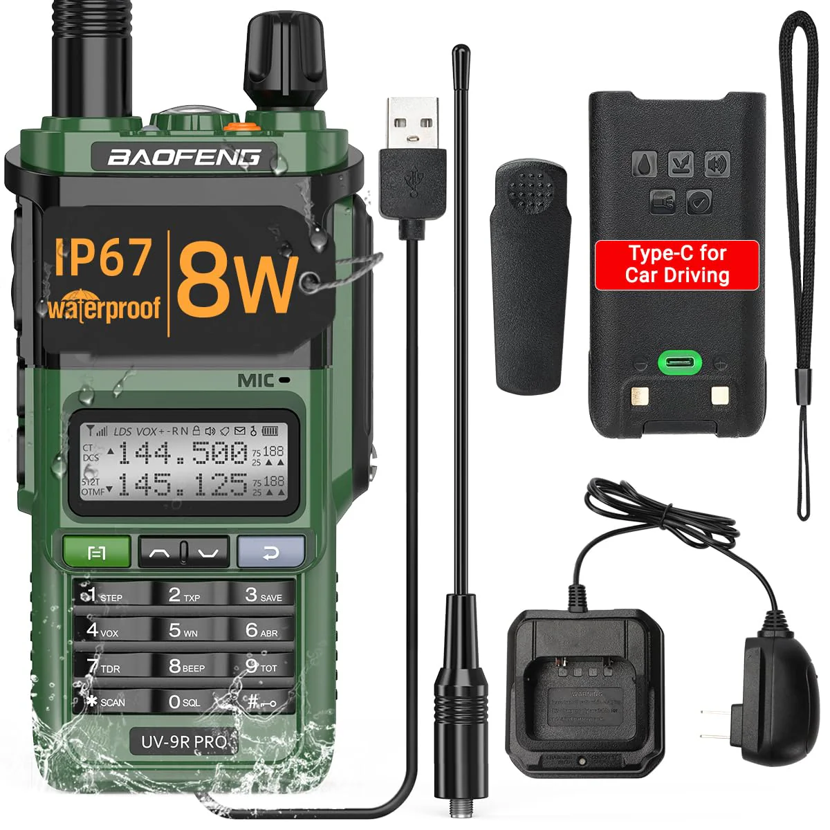 BAOFENG UV-9R Pro 8W Ham Radio Long Range Handheld Dual Band Tri- Power Two-Way Radio Waterproof Transceiver Walkie Talkies Rechargeable with Type-C Charger Cable Green