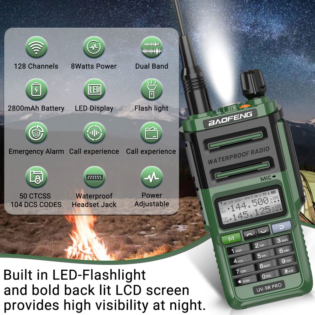 BAOFENG UV-9R Pro 8W Ham Radio Long Range Handheld Dual Band Tri- Power Two-Way Radio Waterproof Transceiver Walkie Talkies Rechargeable with Type-C Charger Cable Green - Image 2