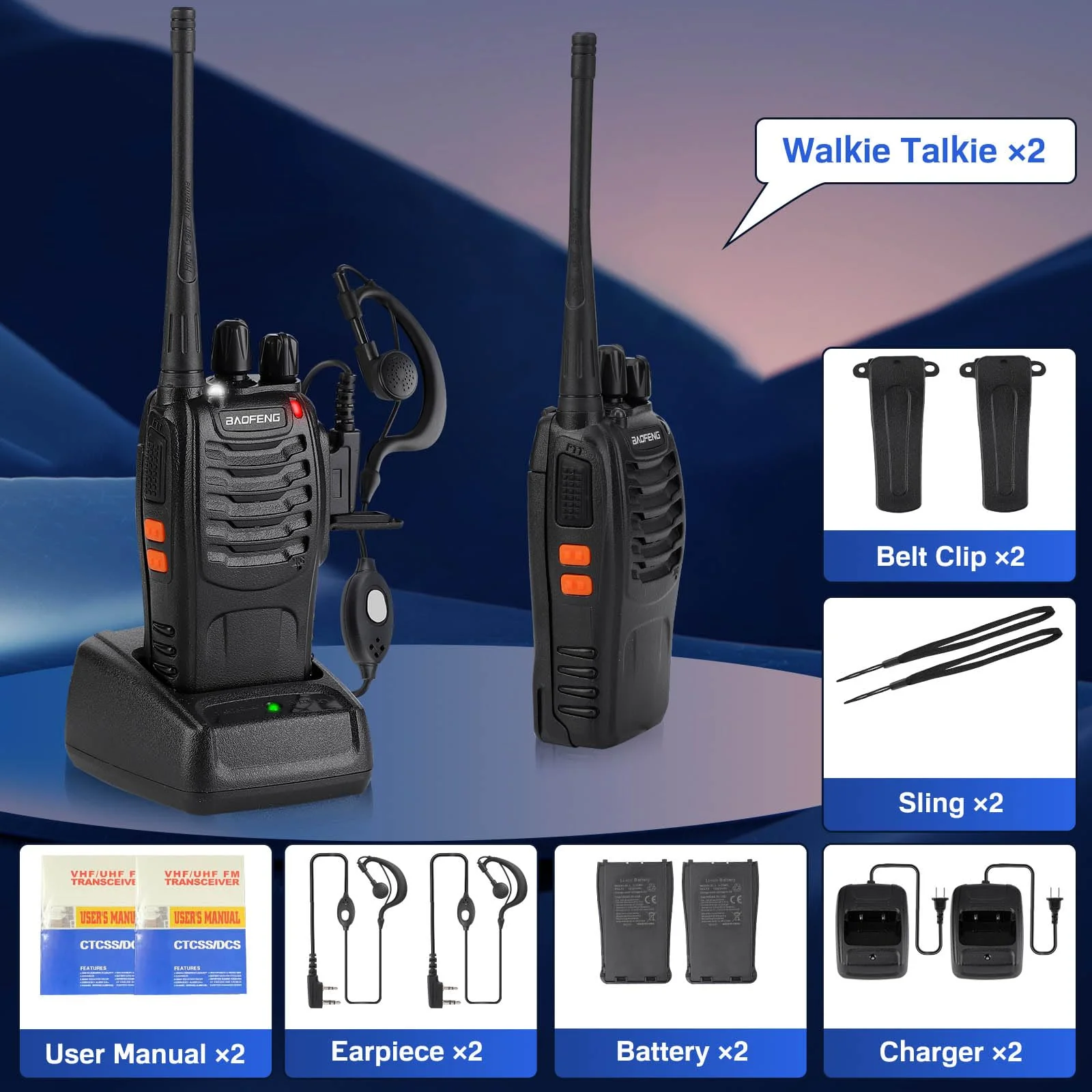 Baofeng Walkie Talkies 888S Rechargeable Long Range with Earpieces for Adults, 16 Channel Professional Radio Handheld Two Way Radios Li-ion Battery and Charger Included 2pack with 2earpiece - Image 6