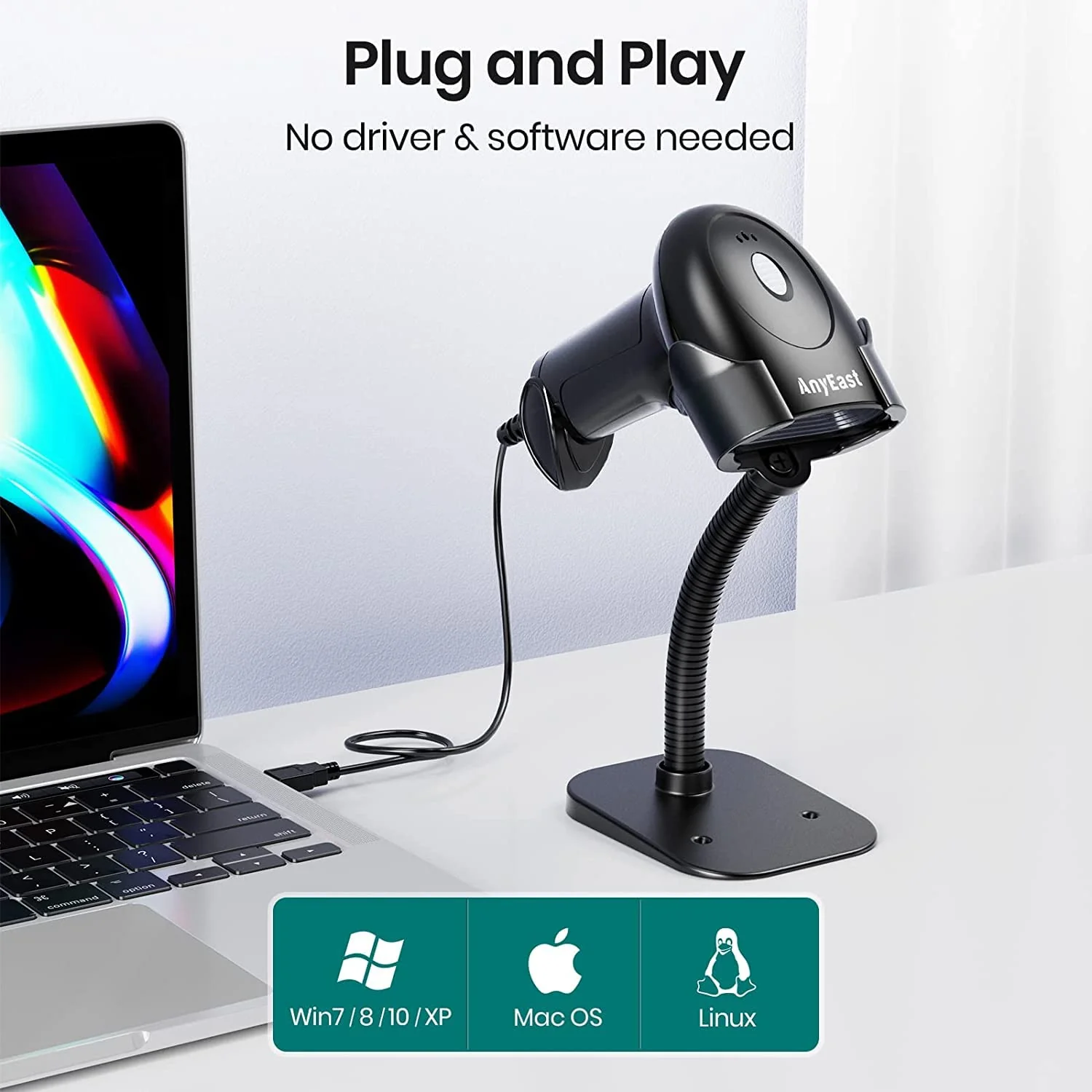 Barcode Scanner with Stand, USB Wired Inventory 2D 1D QR Code Scanners for Computer POS Support Automatic Screen Scanning, Handheld CMOS Image Bar Code Reader for Warehouse Library Supermarket - Image 2