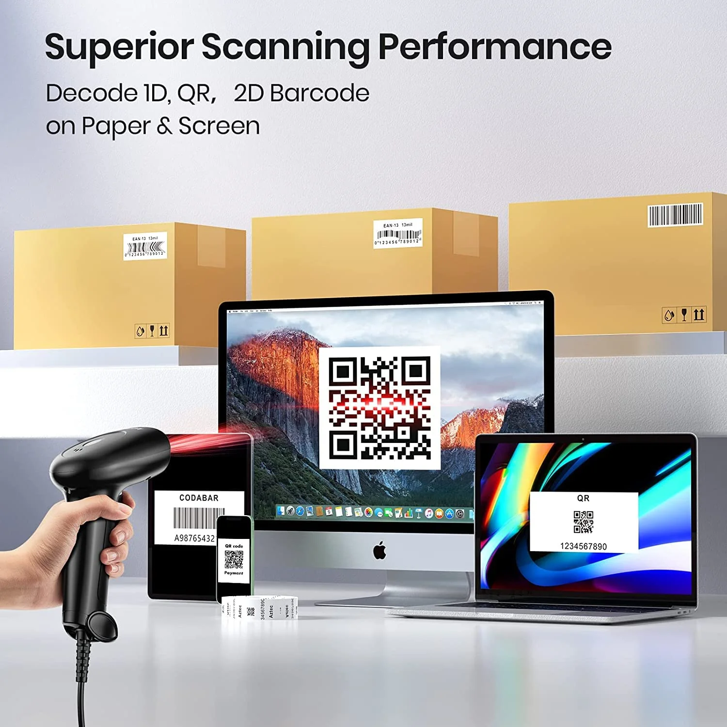 Barcode Scanner with Stand, USB Wired Inventory 2D 1D QR Code Scanners for Computer POS Support Automatic Screen Scanning, Handheld CMOS Image Bar Code Reader for Warehouse Library Supermarket - Image 3