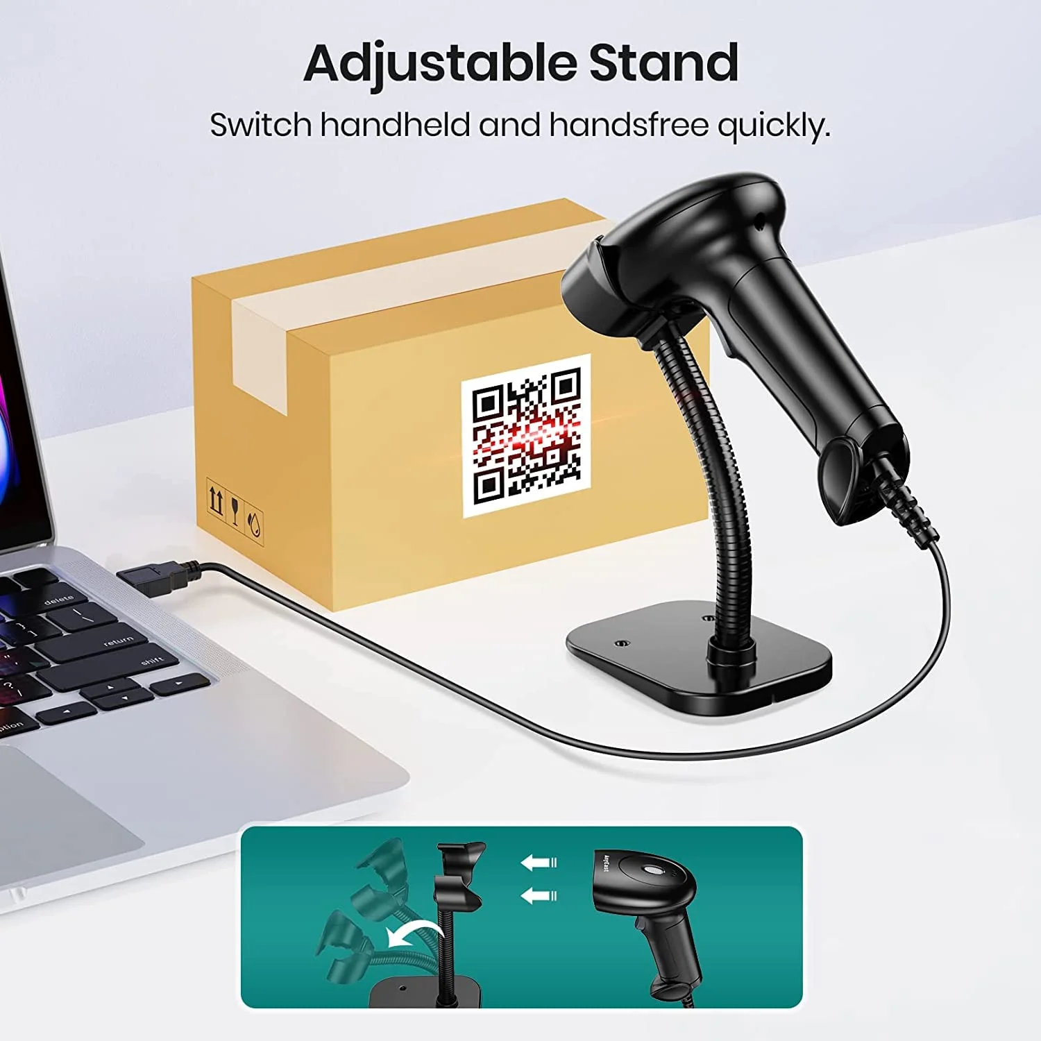 Barcode Scanner with Stand, USB Wired Inventory 2D 1D QR Code Scanners for Computer POS Support Automatic Screen Scanning, Handheld CMOS Image Bar Code Reader for Warehouse Library Supermarket - Image 5